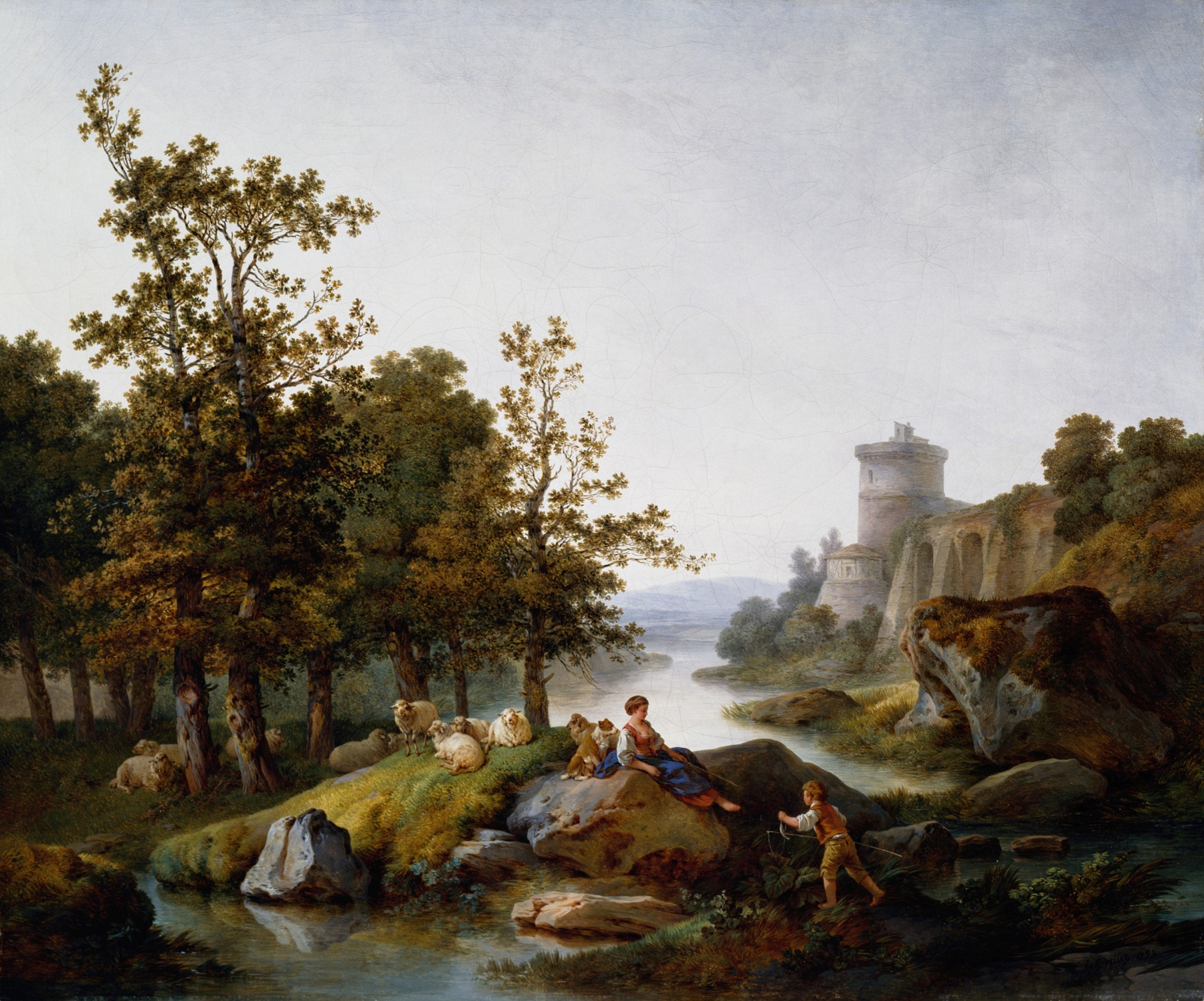 Landscape with a Shepherdess and a Boy Fishing, oil on canvas by Jean-Baptiste Huet