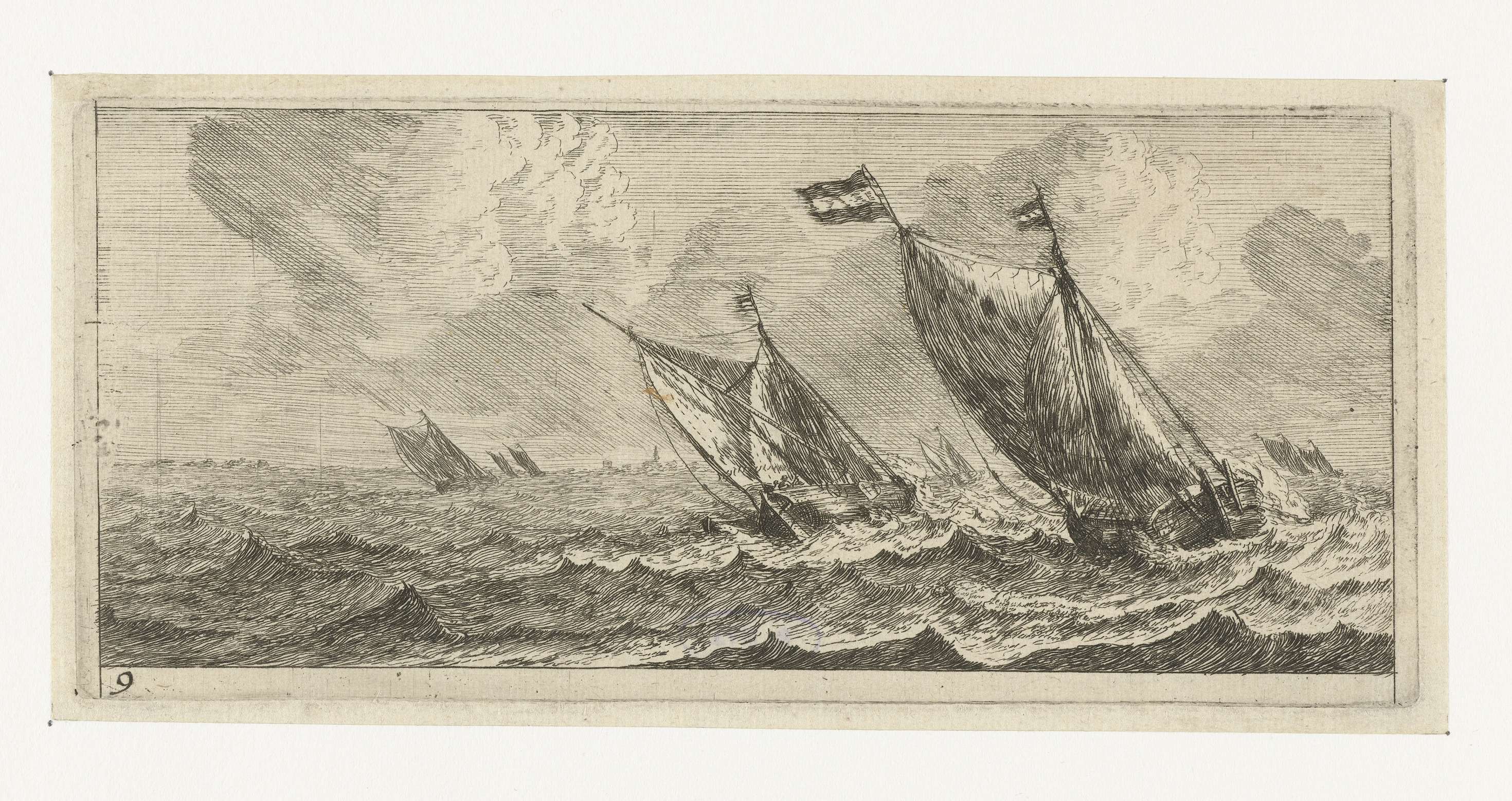 Etching by Reinier Nooms depicting a ship navigating rough seas
