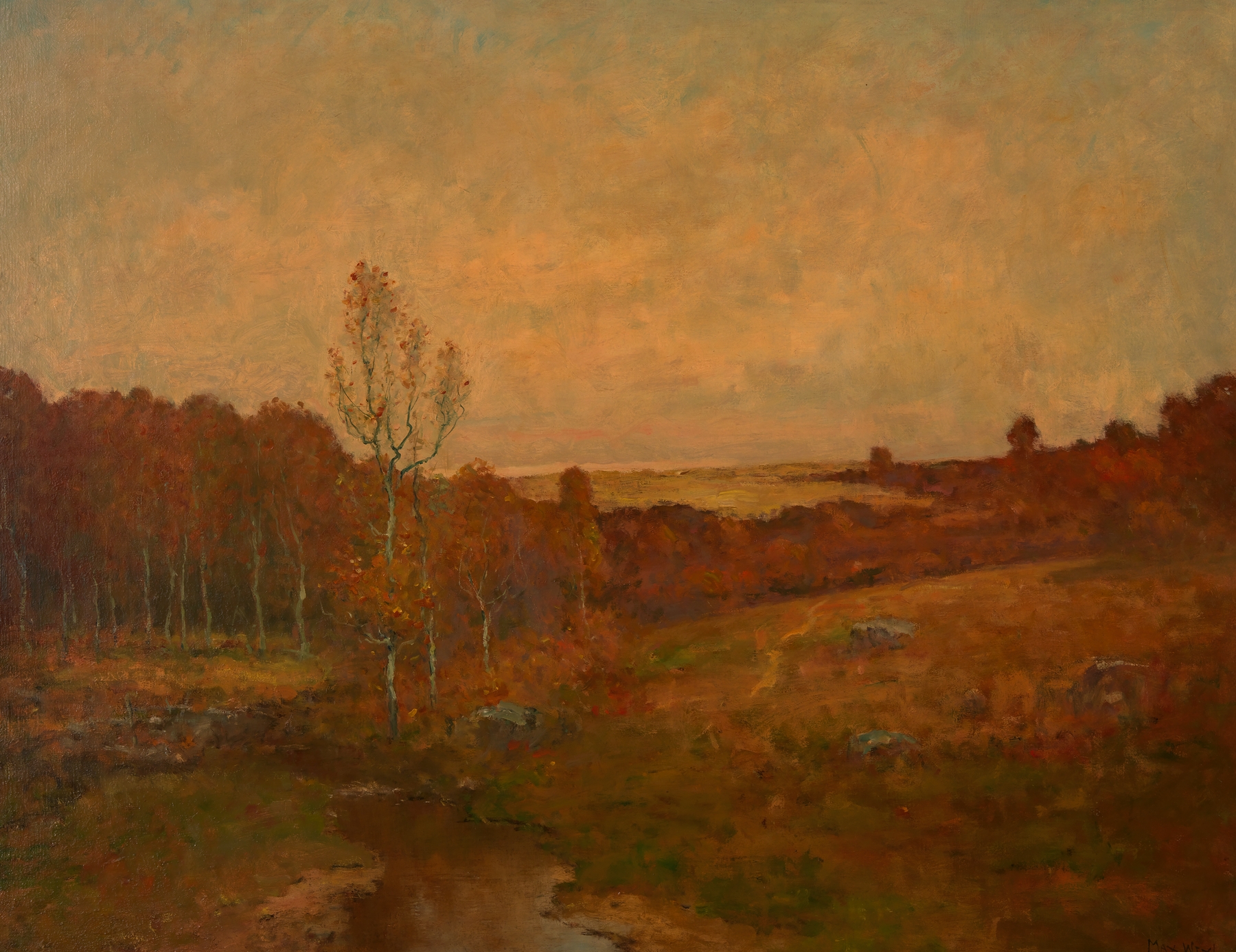 Landscape oil painting by Max Weyl depicting golden light on an Indian summer day