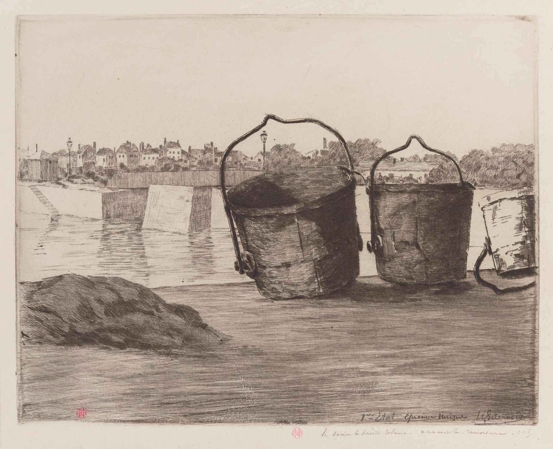 Etching by Henri-Charles Guérard depicting a harbor with boats and water reflections