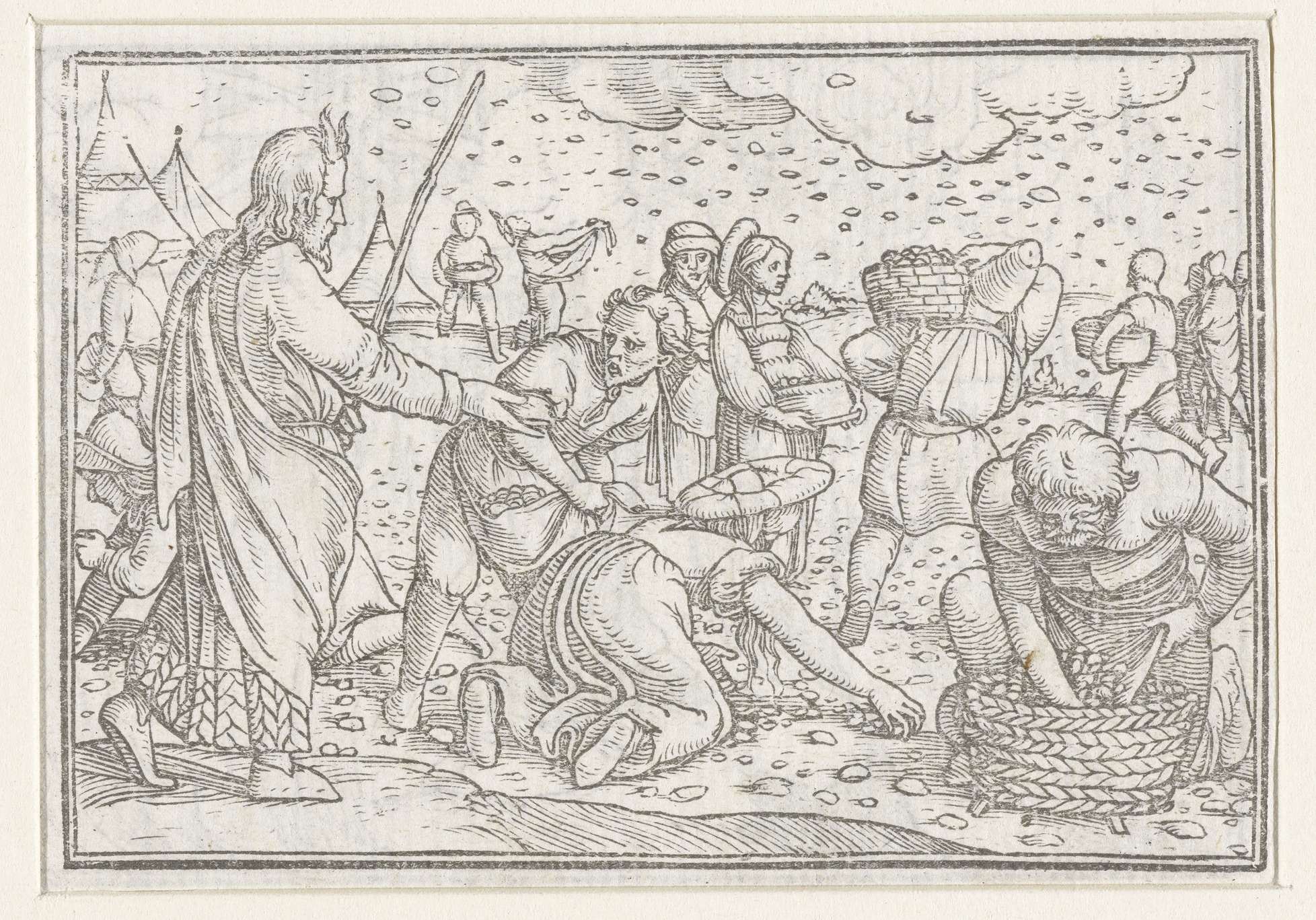 Verzamelen van het manna by Hans Holbein II, paper artwork depicting figures gathering divine sustenance.