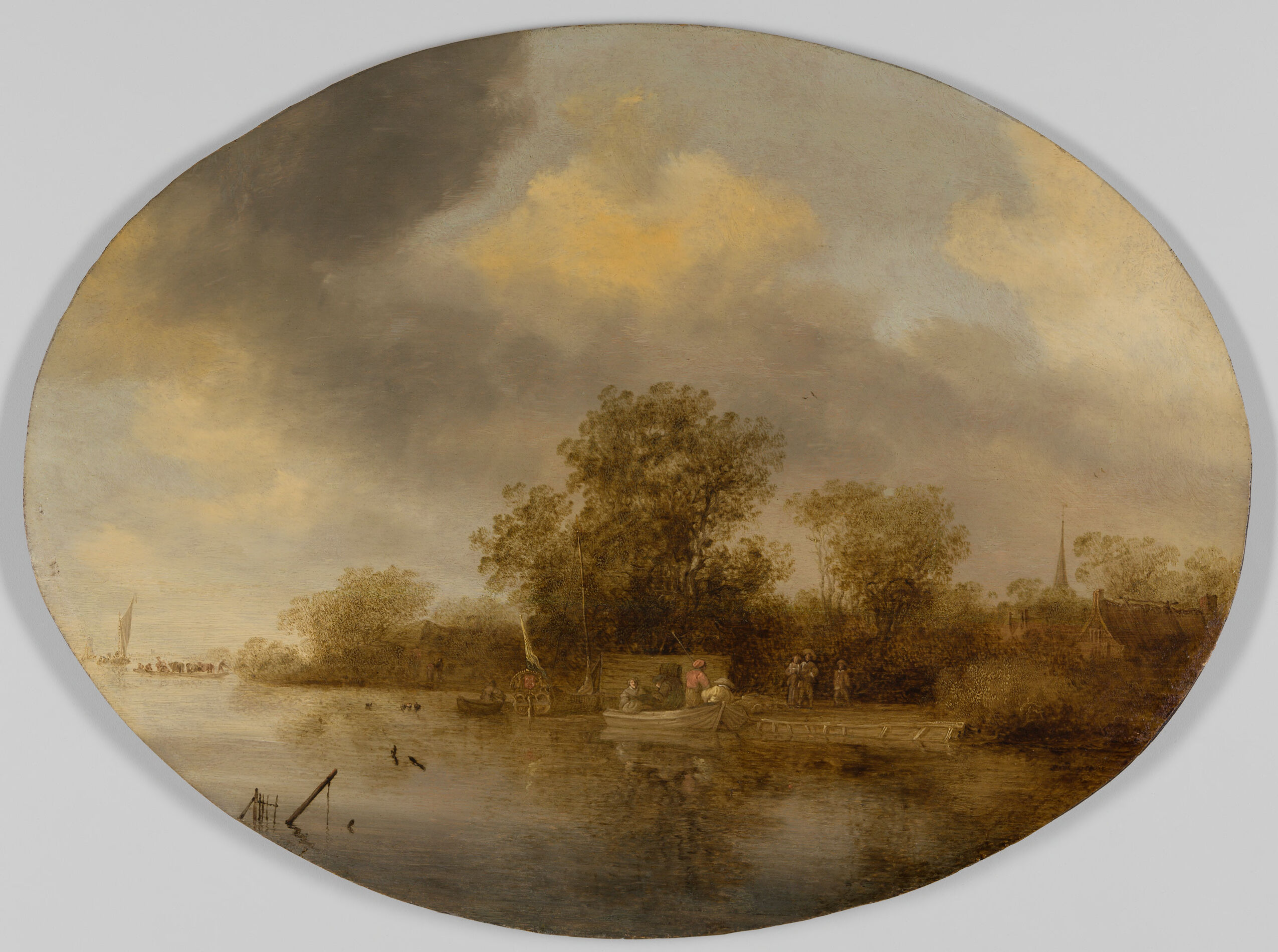 Landscape with boats and figures, oil on panel by Salomon van Ruysdael