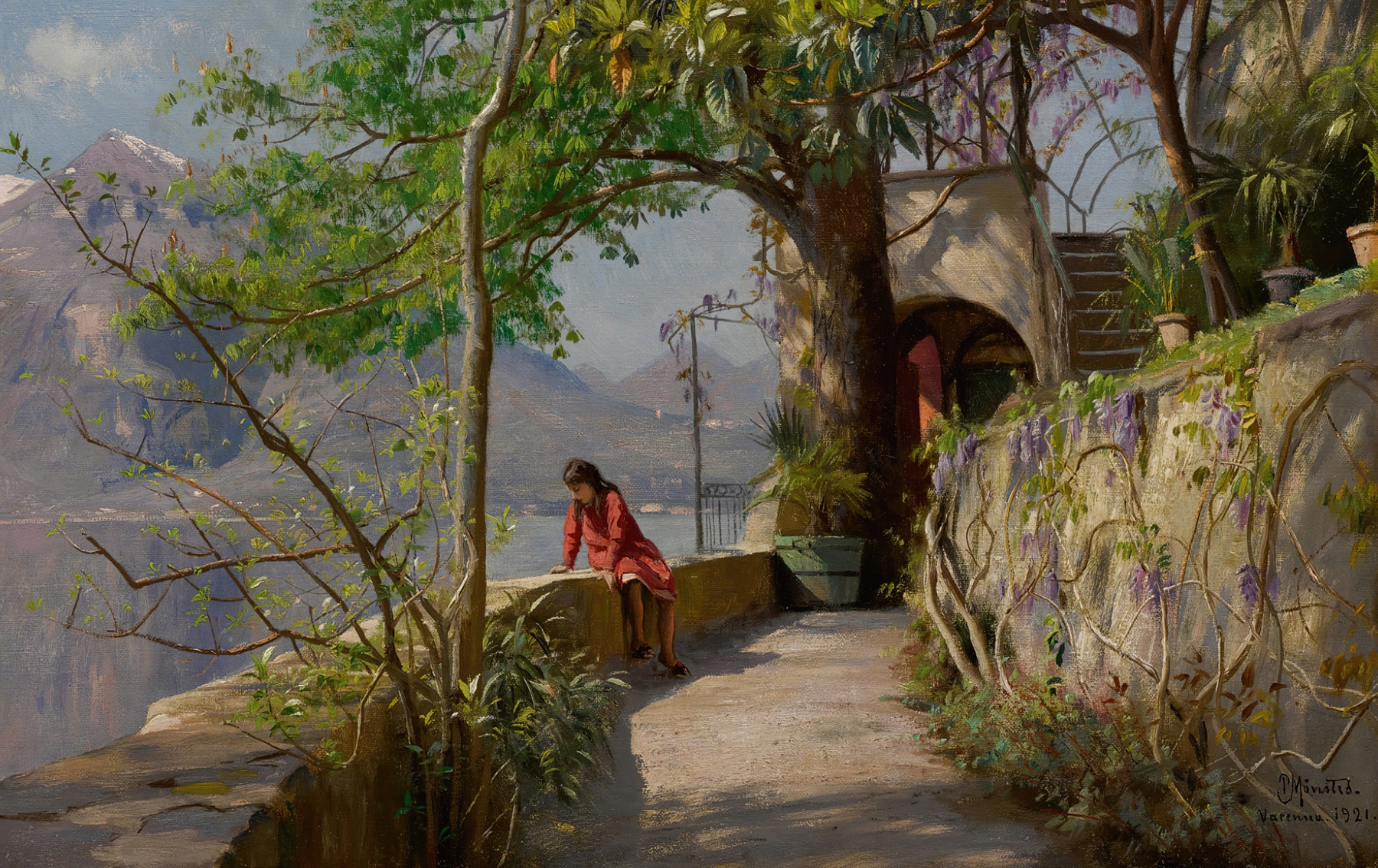 Summer In Varenna, Italy by Peder Mørk Mønsted, oil on canvas depicting a lakeside village with sunlight reflections.
