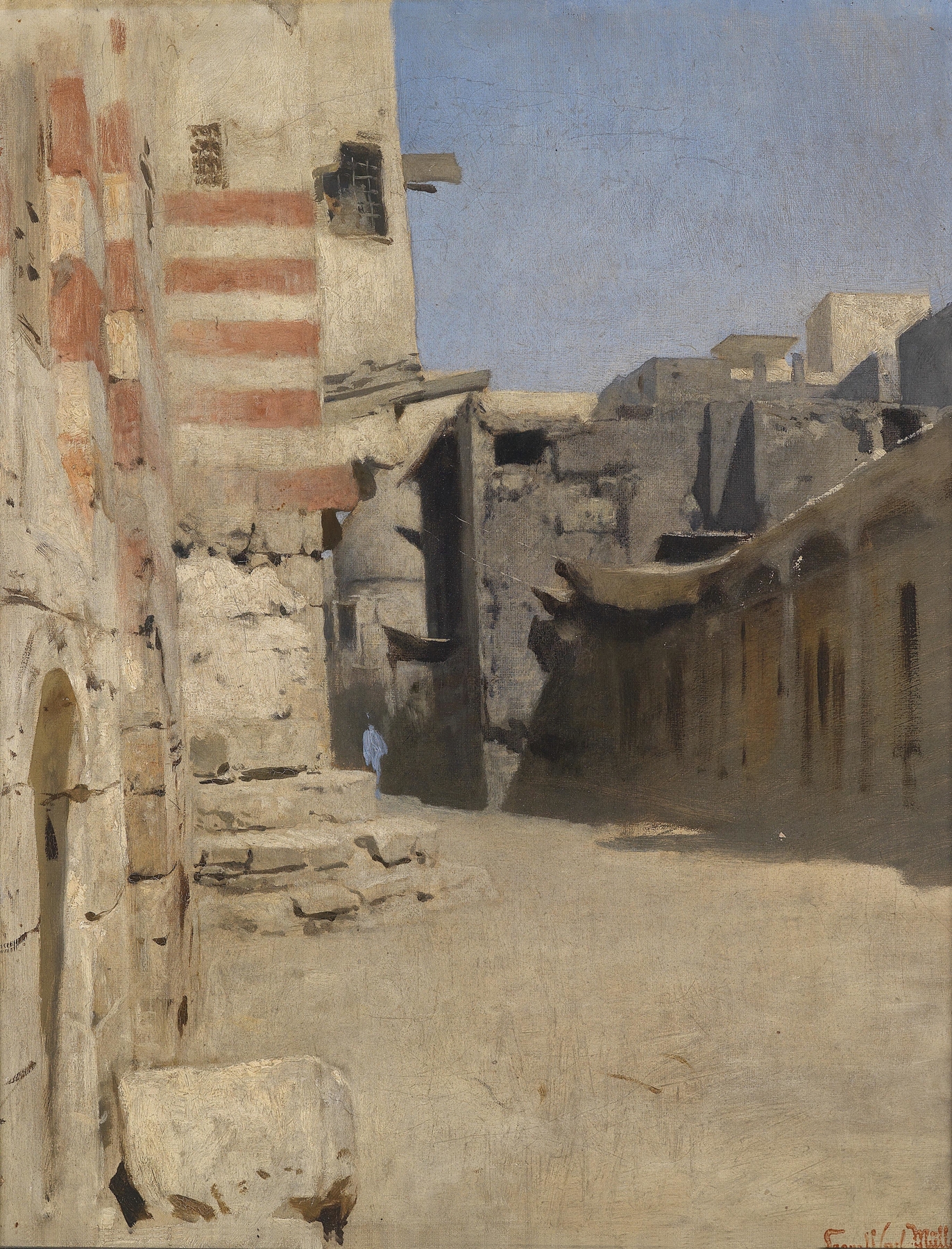 Genre scene depicting a cobblestone street in sunlight by Leopold Carl Müller, oil painting.
