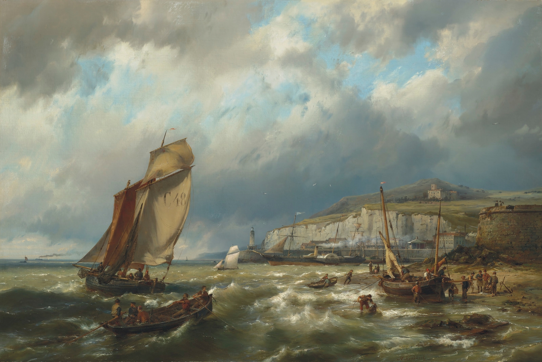Marine scene with sailing vessels and sunlight on water by Hermanus Koekkoek the Younger, oil painting