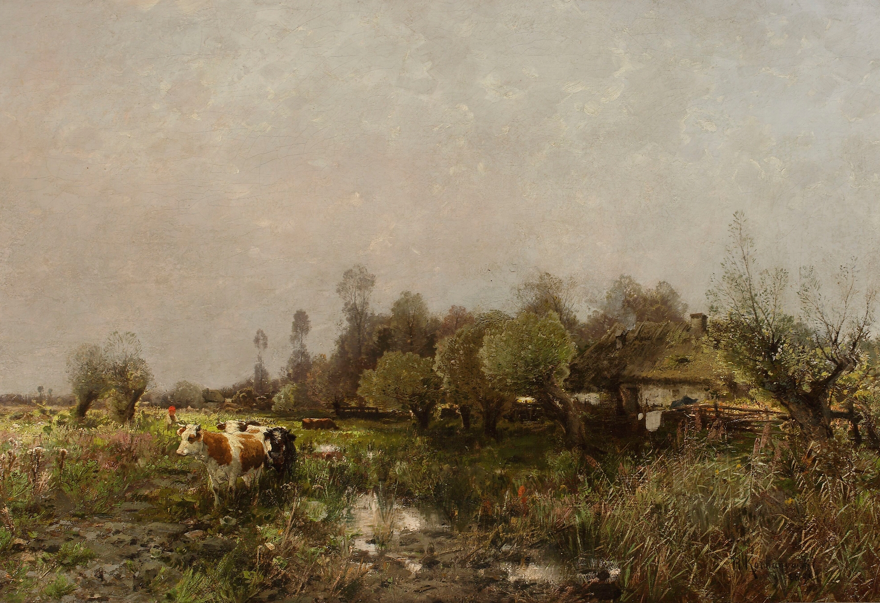 Summer landscape with a cottage on marshland by Roman Kazimierz Kochanowski, oil painting
