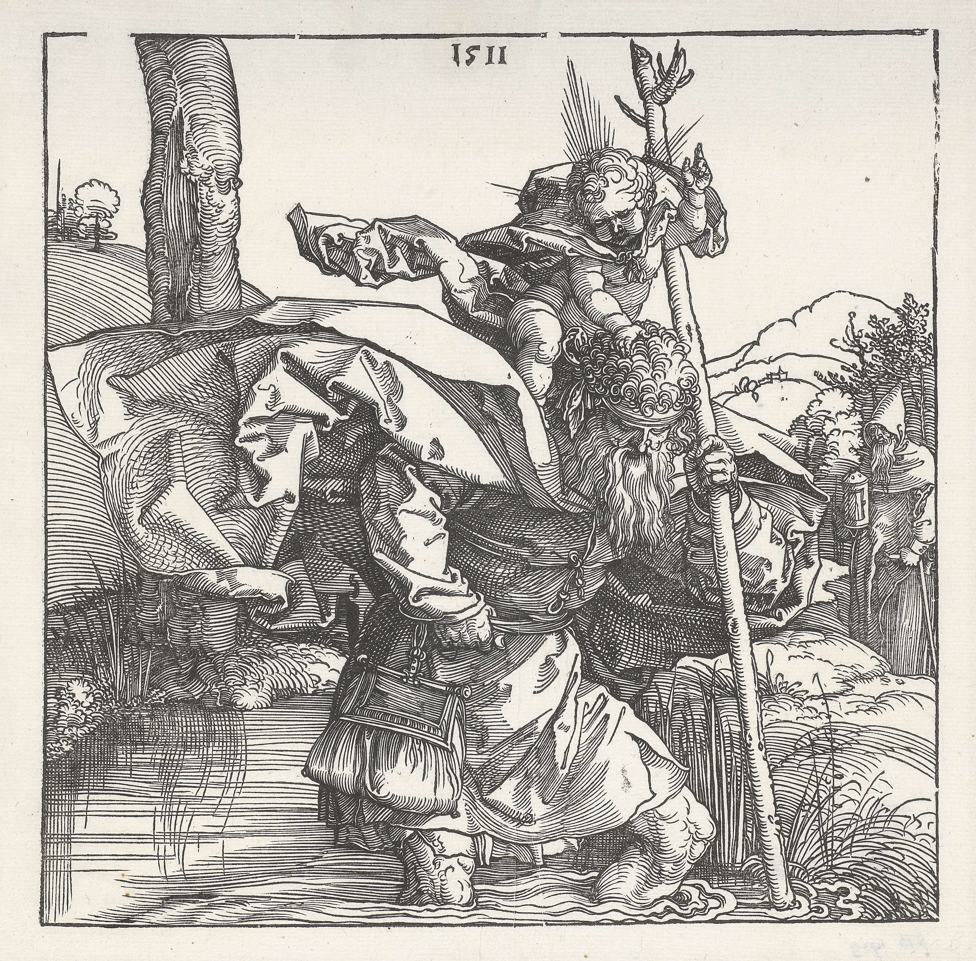 Northern Renaissance etching by Albrecht Dürer depicting St. Christopher carrying the Christ child