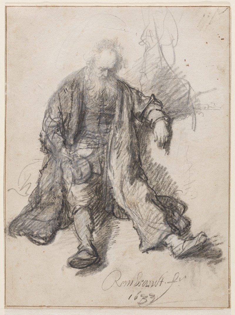 Rembrandt's 'Old Man Seated (The Drunken Lot)' captures a moment of reflection and weariness.