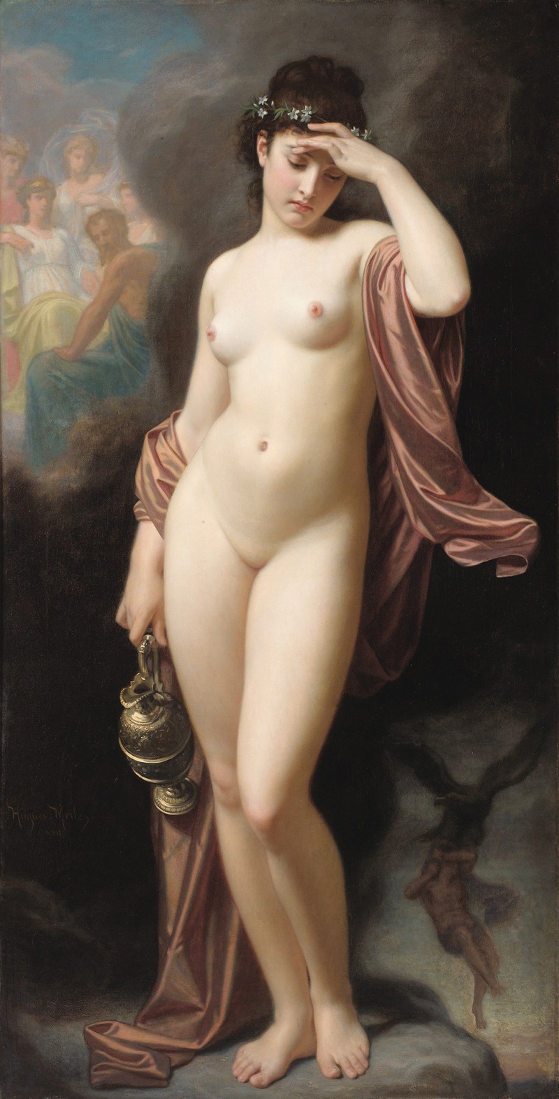 Hugues Merle's 'Hebe after the fall' depicts a mythological scene with vibrant colors and emotional depth.