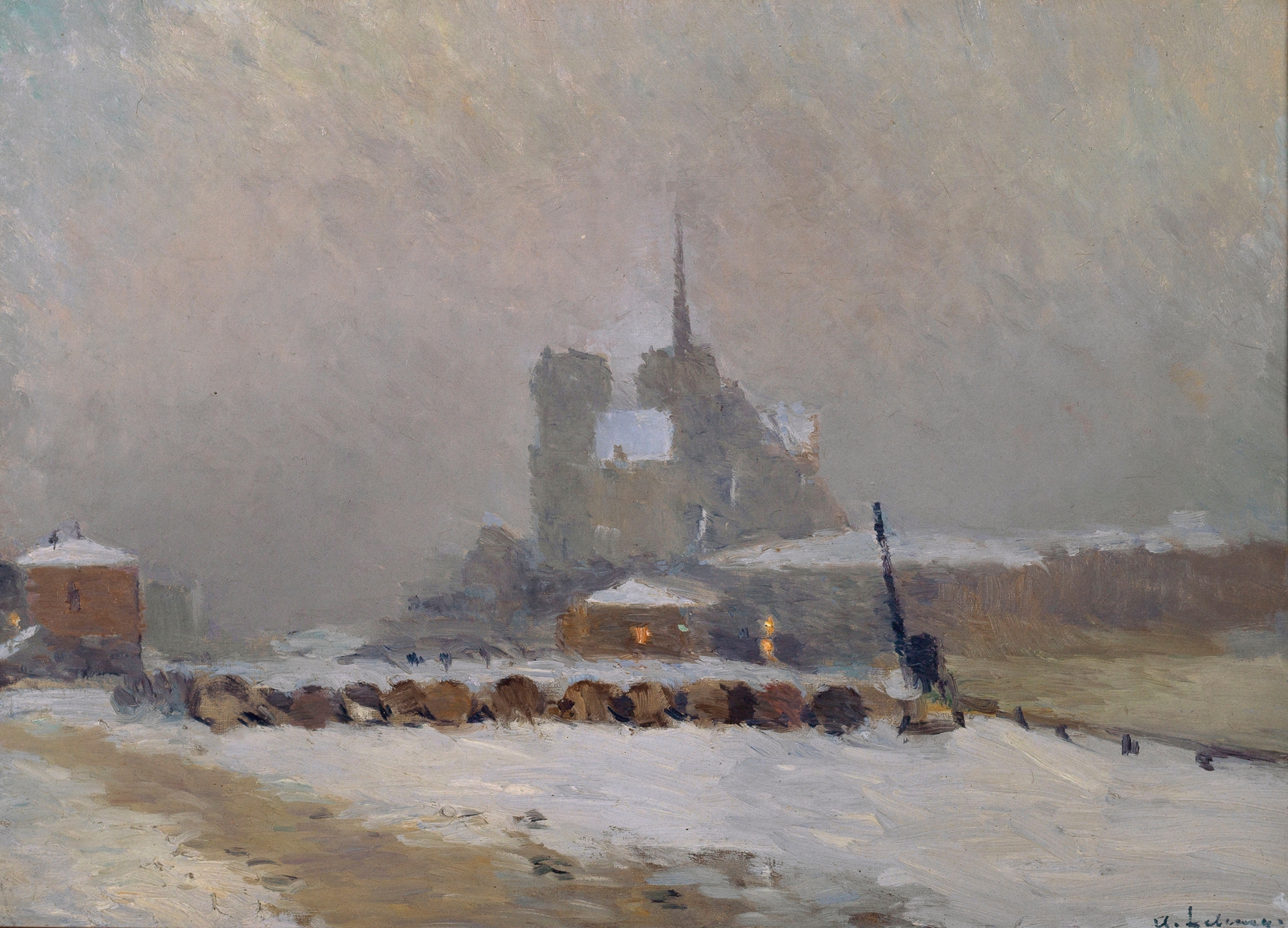 Notre-Dame de Paris. Effet de neige, le soir by Albert Lebourg, oil painting depicting gothic architecture in snow.