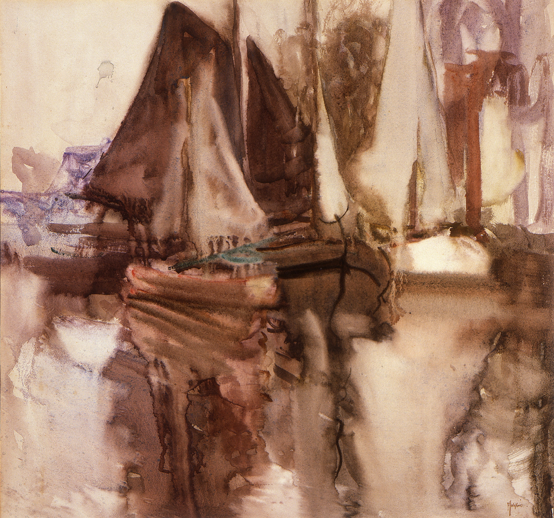 A Dutch canal by Frances Hodgkins, oil painting depicting a serene landscape with a bridge and twilight sky.