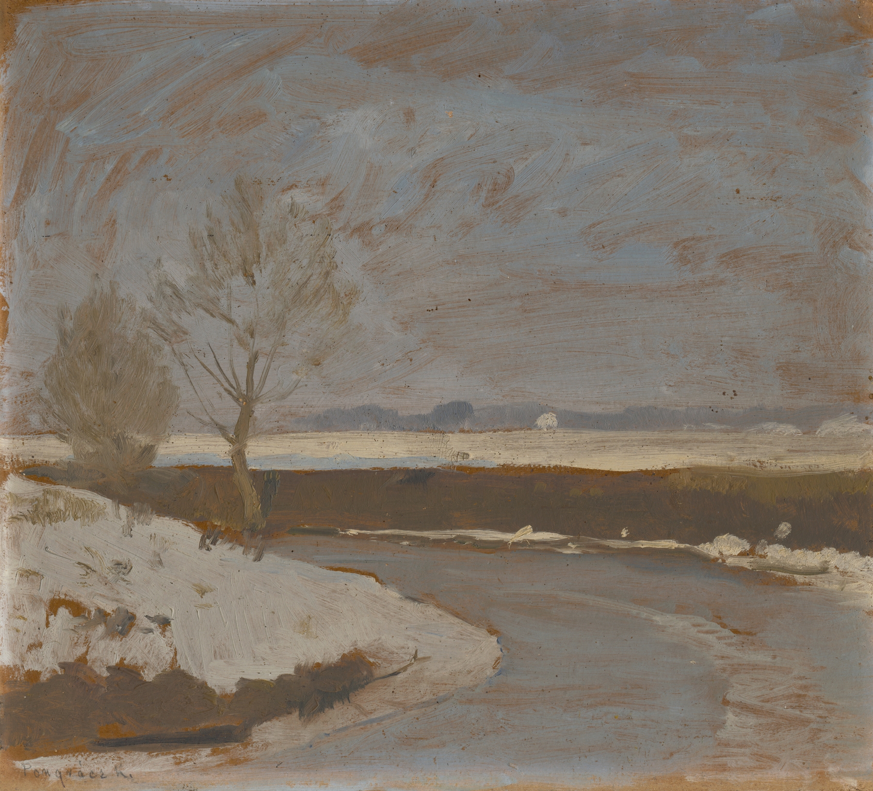 Winter landscape with a river, oil on canvas by Karol Pongrácz