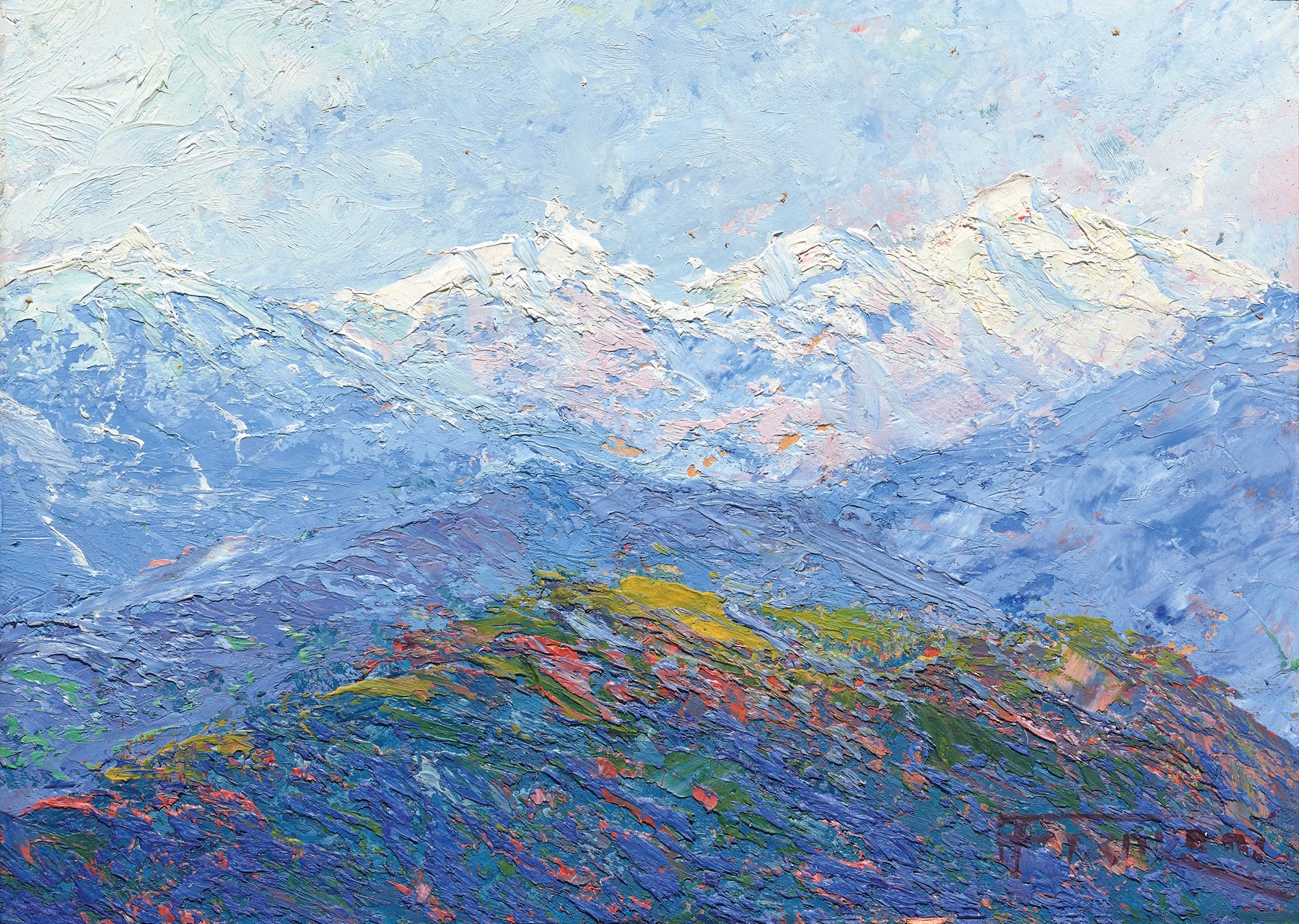 Mountain landscape by Filippo Franzoni, oil painting featuring sweeping mountains and golden light