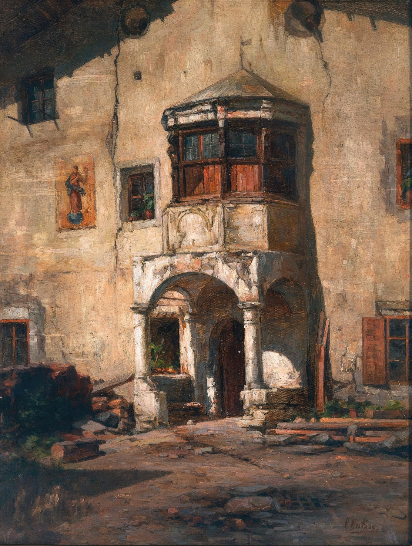 Interior scene of a courtyard with golden light and shadows by Carl Eduard Onken