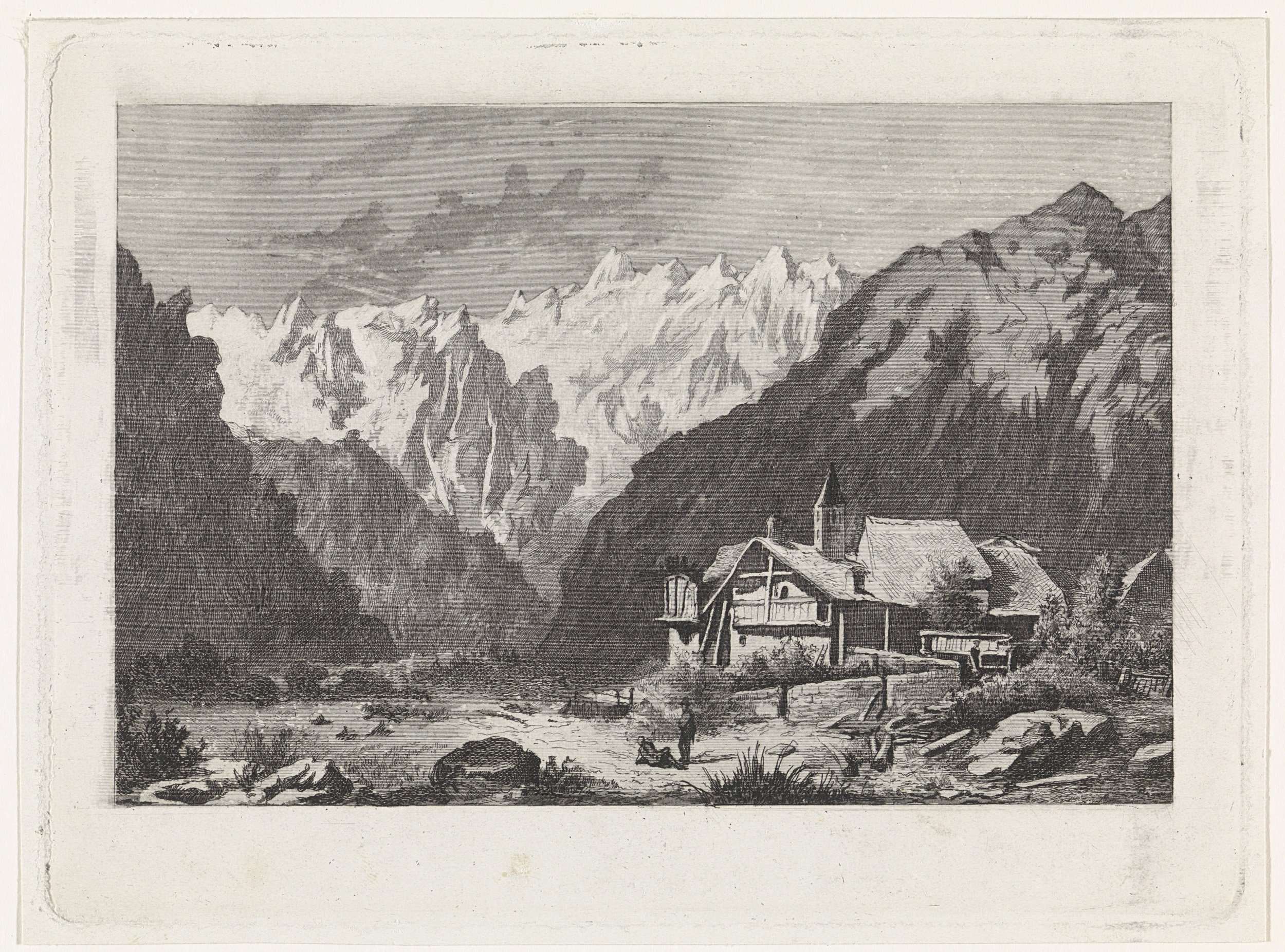 Etching by David van der Kellen depicting mountains and rugged terrain
