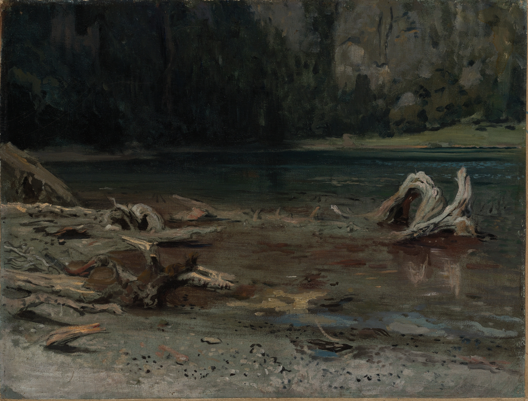 Landscape of Der Feldsee by Emil Lugo, oil painting depicting a tranquil lake and mountains.