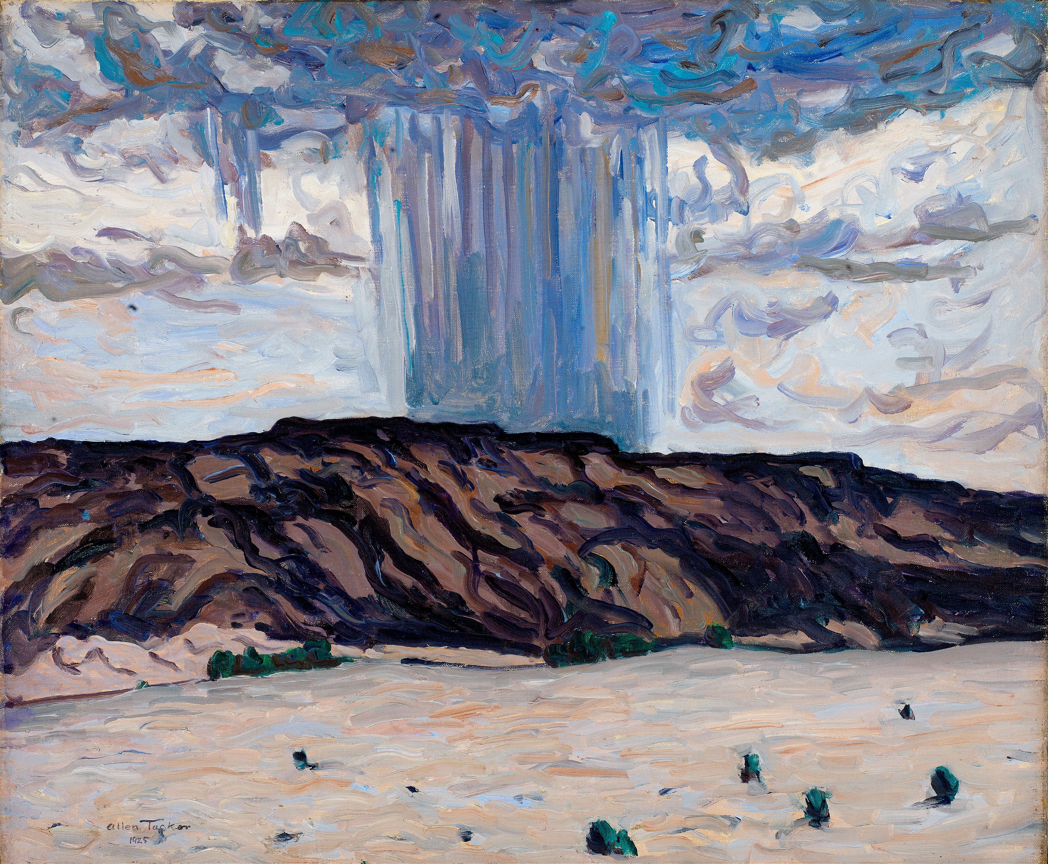 Cloudburst at Black Mesa, New Mexico by Allen Tucker, oil painting depicting turbulent clouds and a stormy landscape.