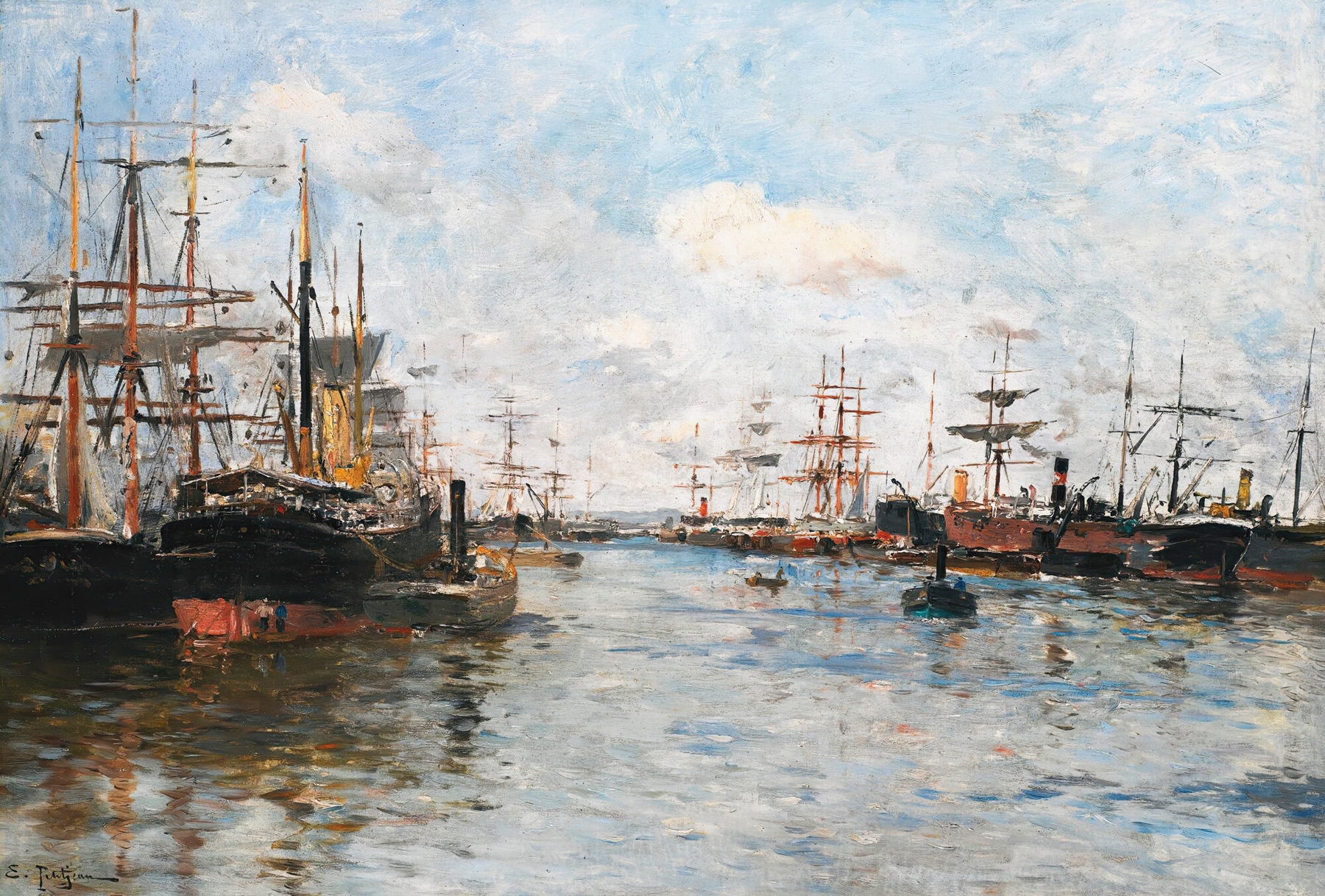 Bateaux en Rade by Edmond-Marie Petitjean, oil on canvas depicting boats on calm water