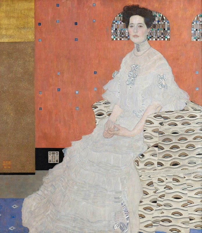 A portrait of Fritza Riedler by Gustav Klimt, showcasing intricate patterns and vibrant colors.