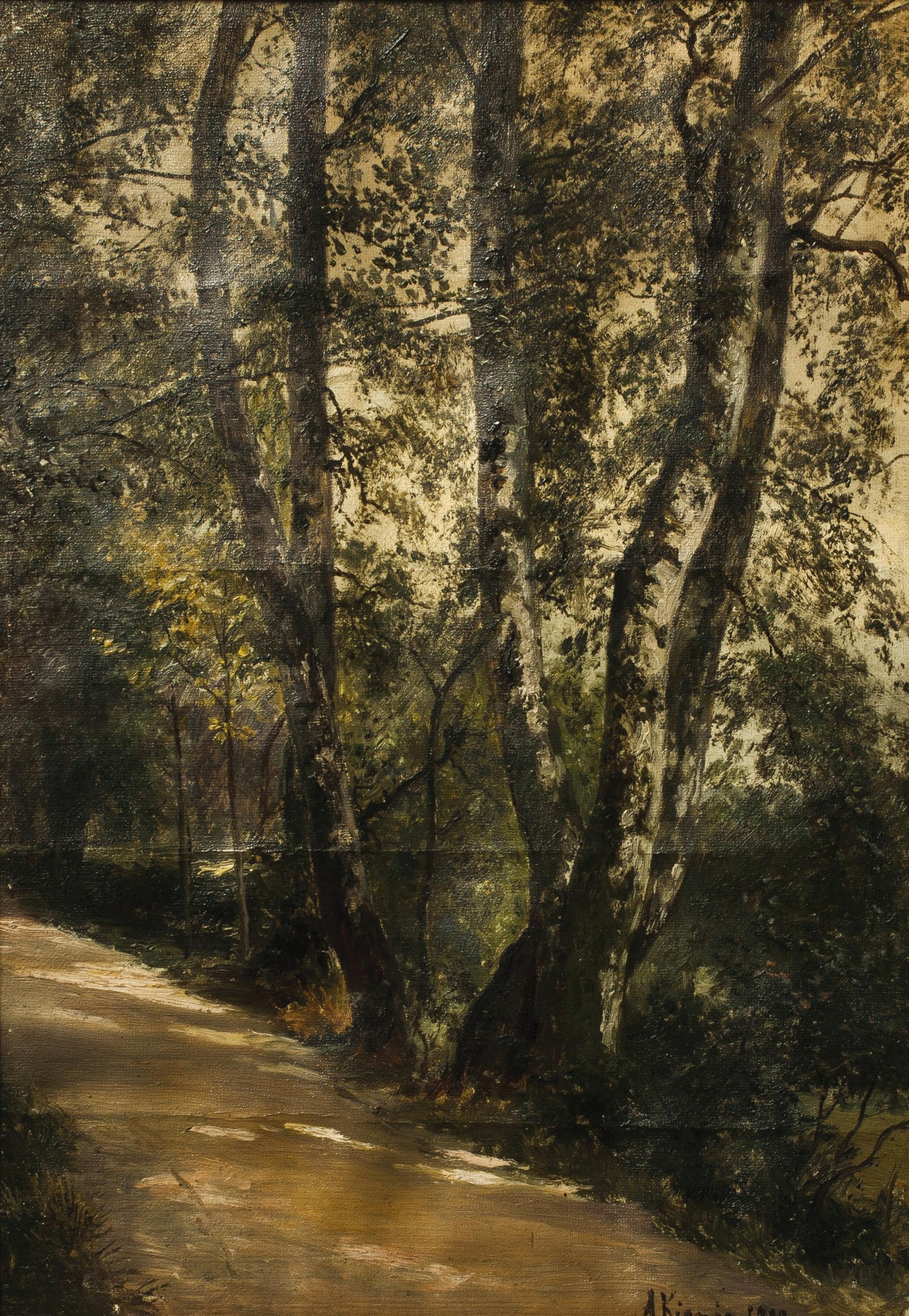 Landscape of birch trees along a path, oil painting by Alois Kirnig
