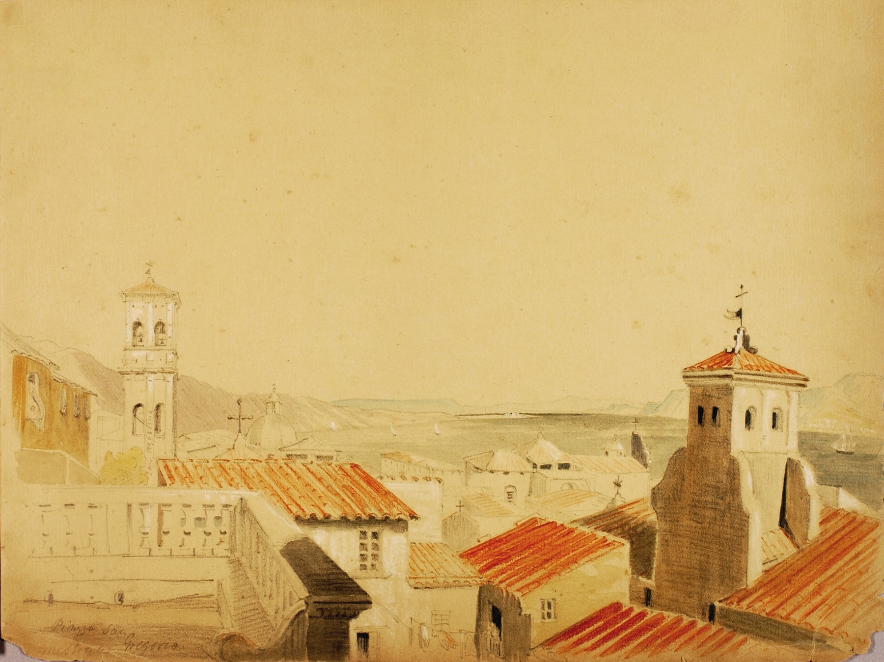 Landscape oil painting by Miner Kilbourne Kellogg featuring archways and sunlight on cobblestones.