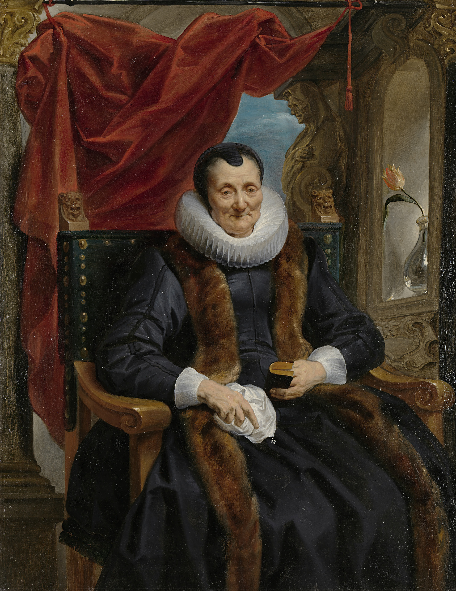 Portrait of Magdalena de Cuyper, oil on canvas by Jacques Jordaens, depicting a widow with a prayer book and tulip.