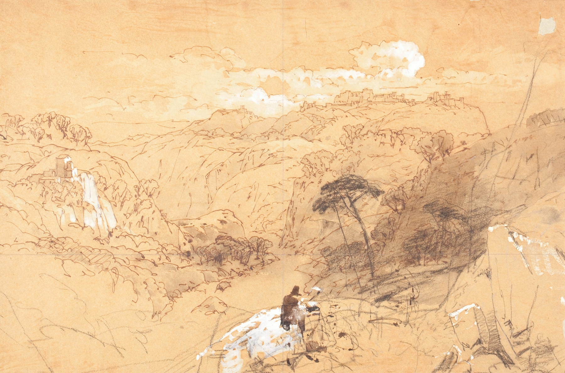 Middle Eastern landscape oil painting by Edward Lear featuring rolling hills and wildflowers