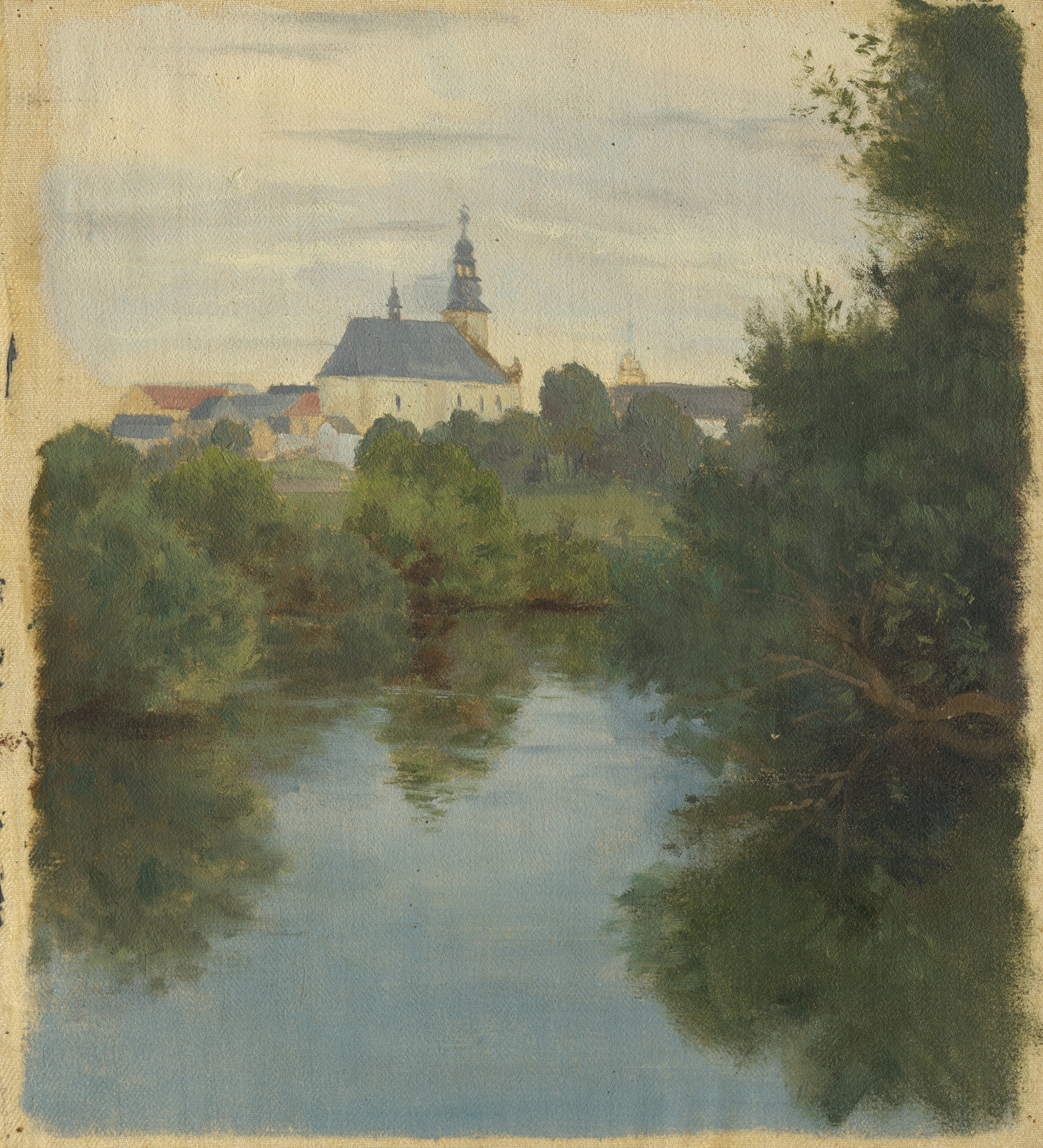 Landscape featuring a village church under an overcast sky by Jan Nowopacký