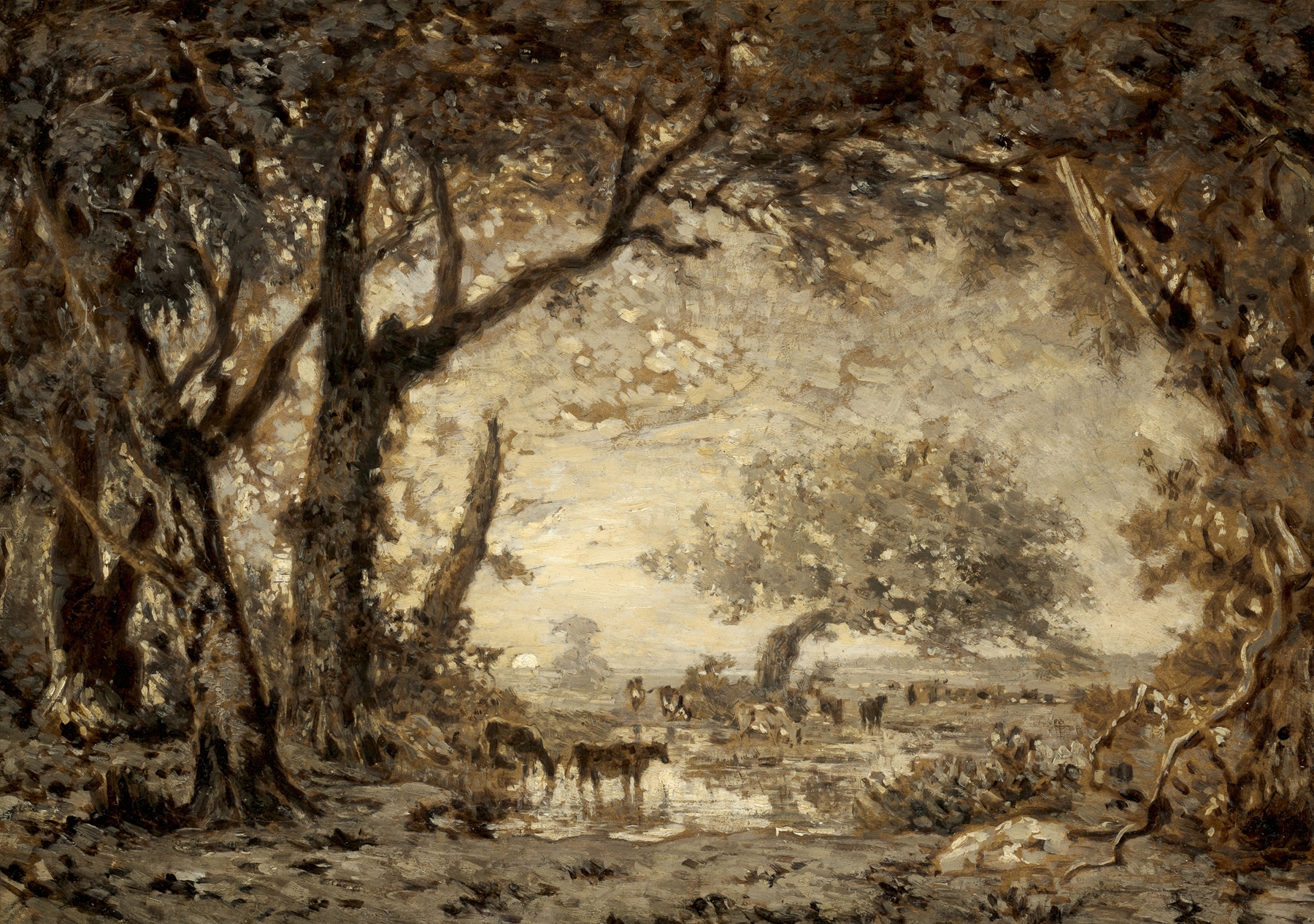 Sunset from the Forest of Fontainebleau, by Théodore Rousseau, public domain