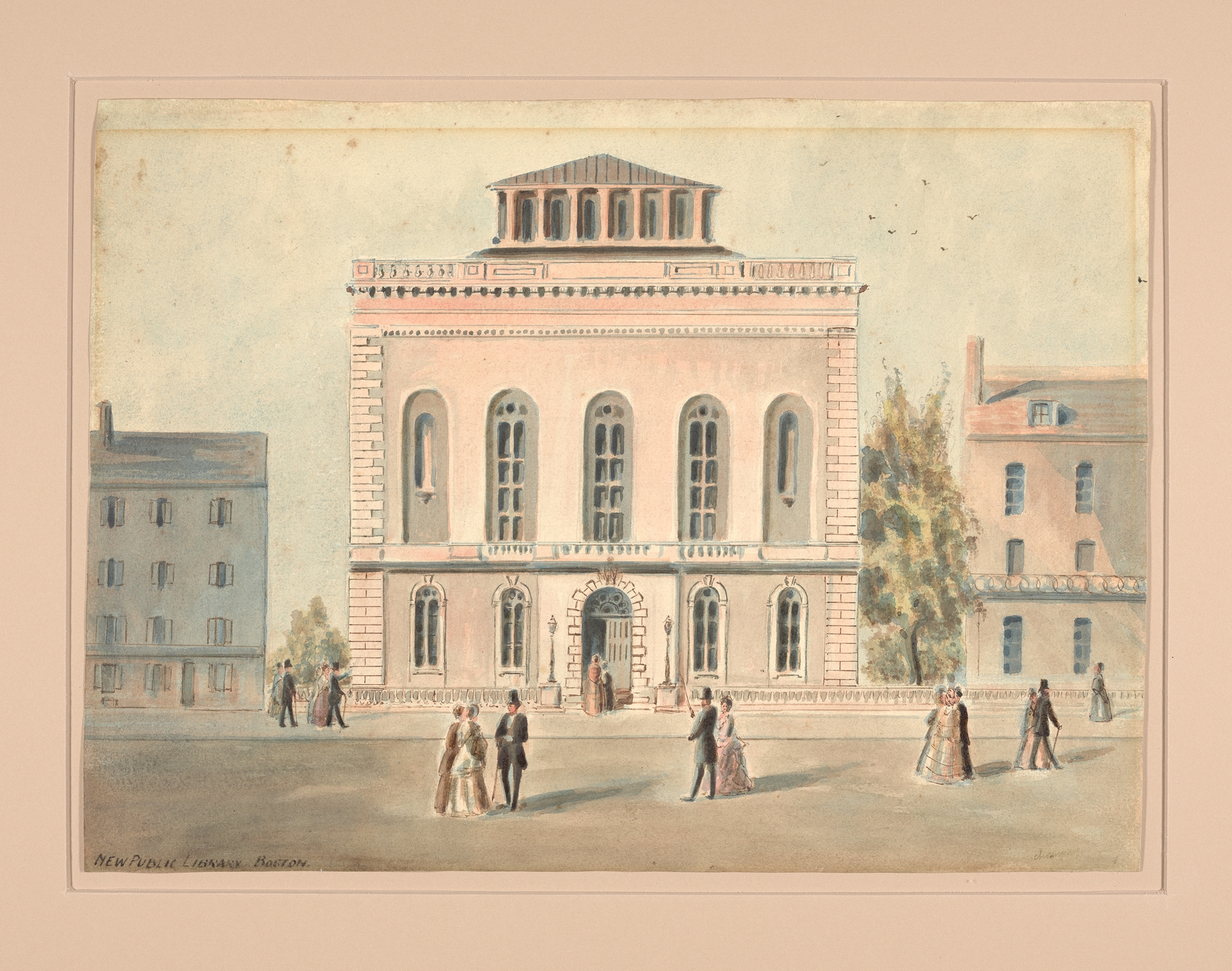 New Public Library Boston by Benjamin Champney, oil on canvas depicting a grand library facade