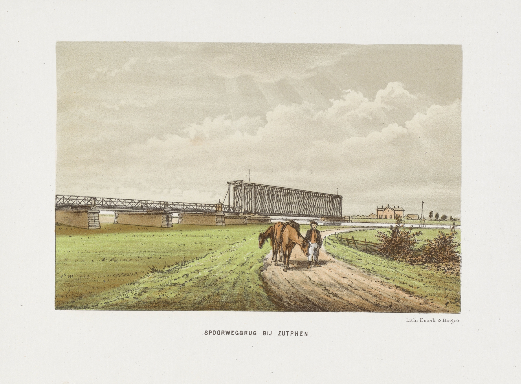 Spoorwegbrug bij Zutphen by Emrik & Binger, oil on canvas, depicting a bridge over a river under a muted sky.