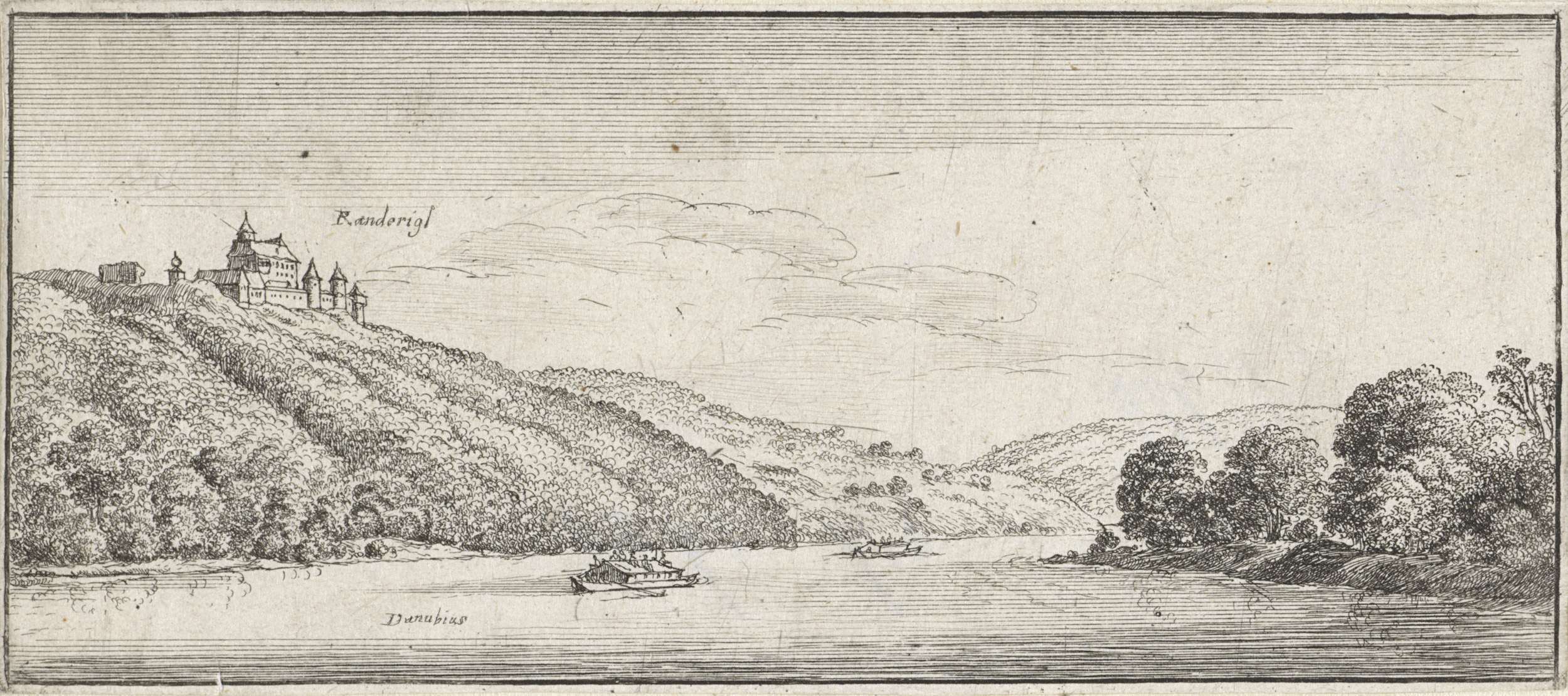 Landscape with castle and river, etching by Wenceslaus Hollar