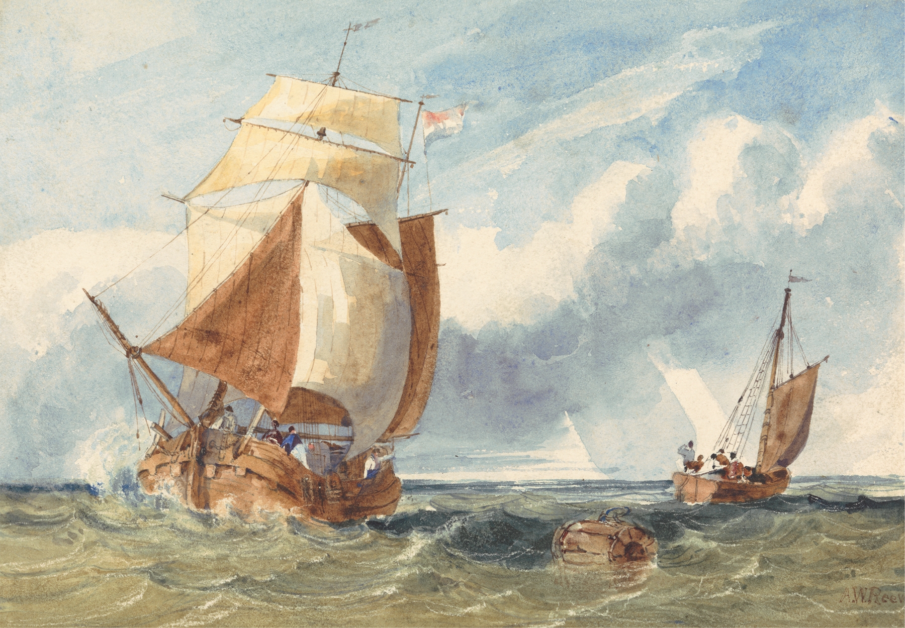 Landscape oil painting by Augustus William Reeve featuring a horizon with light and water reflections.