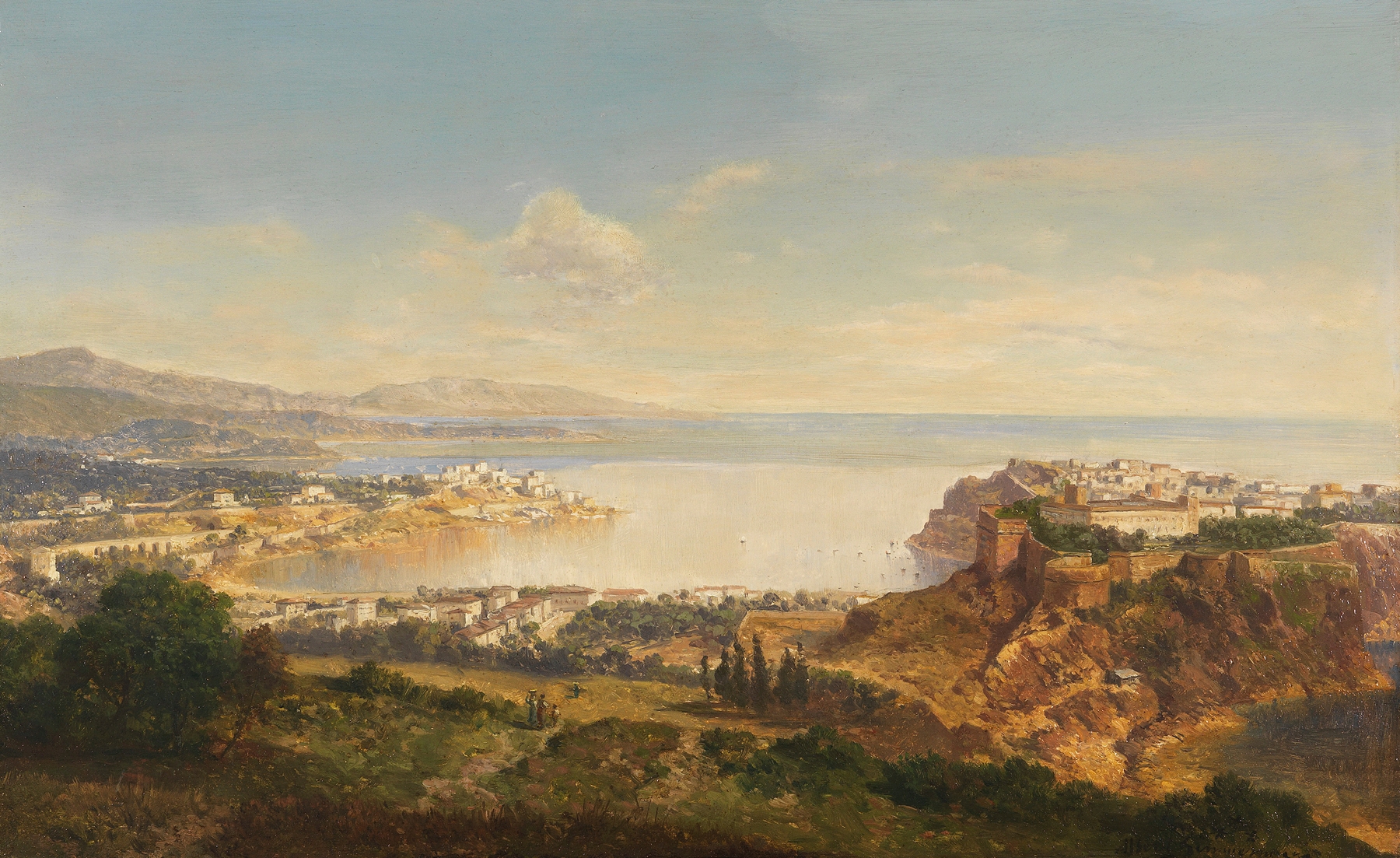 Marine scene with boats on the azure sea, oil painting by Albert Zimmermann