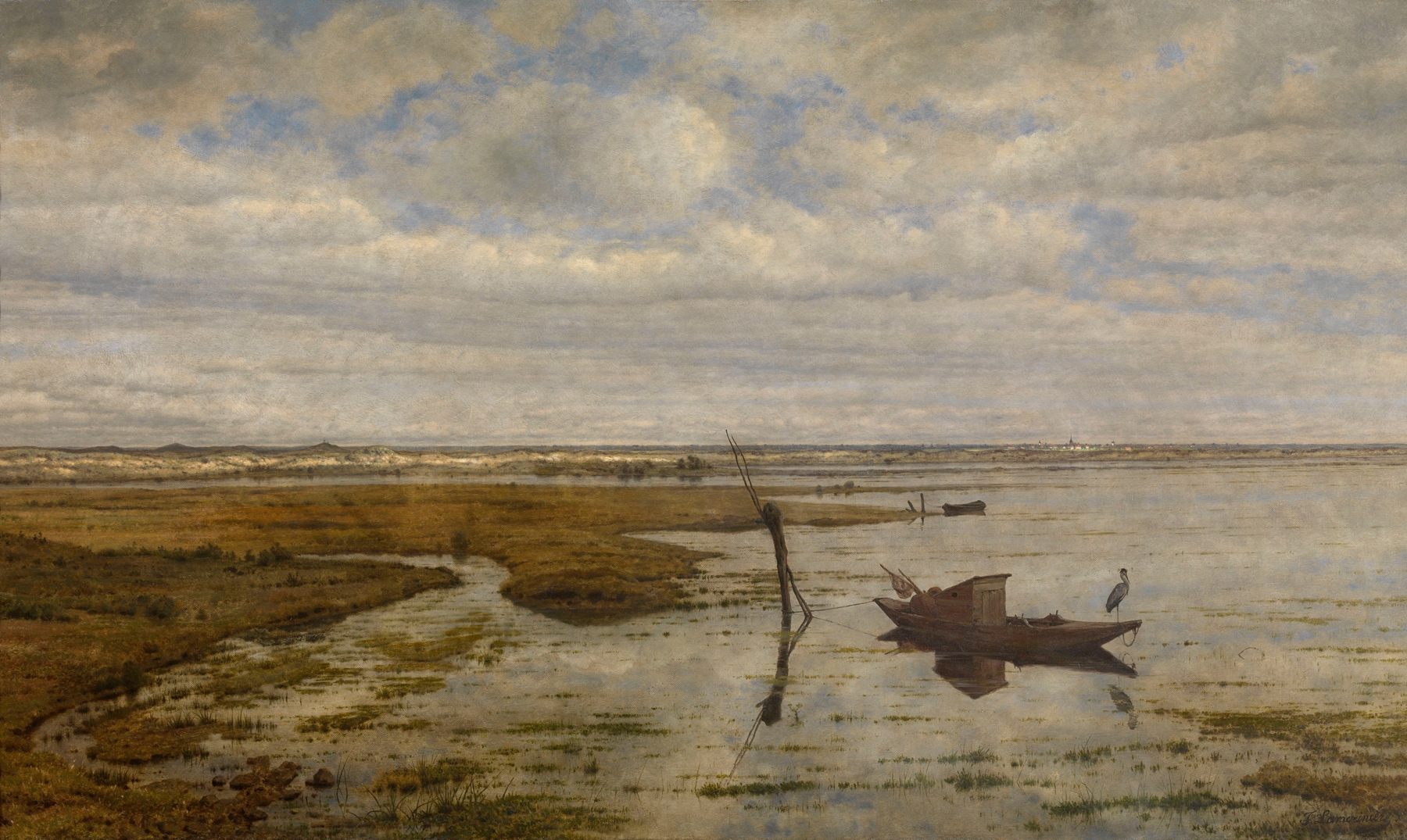 Marsh near Putte by Jean Pierre François Lamorinière, realism, depicting a tranquil marsh with reflections.