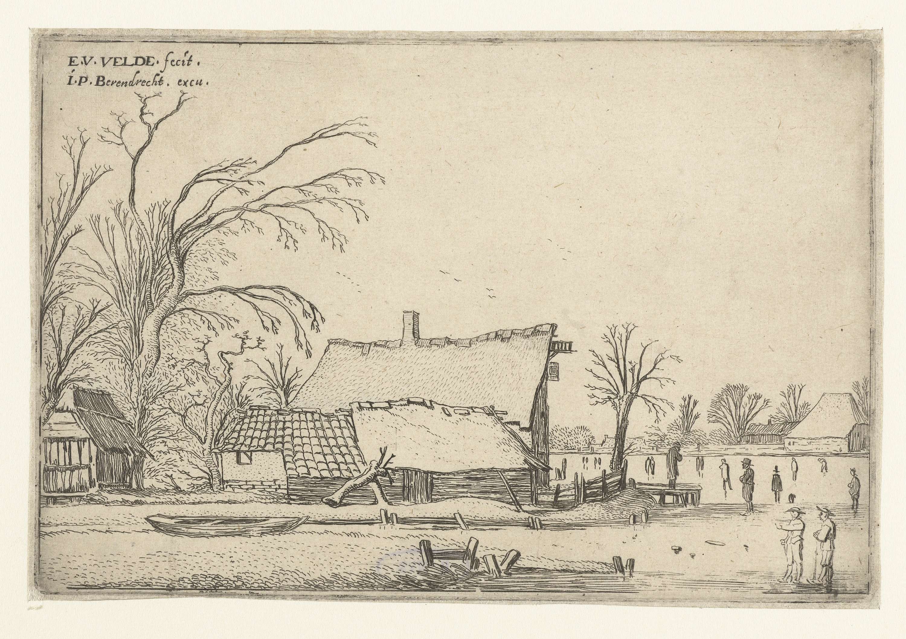 Etching by Esaias van de Velde showing a winter landscape with skaters on a frozen river.