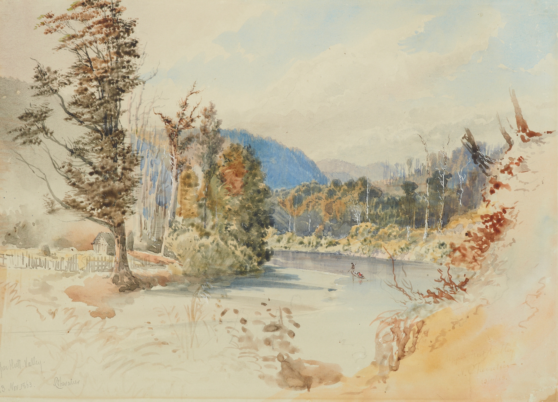 Upper Hutt Valley by Nicholas Chevalier, oil on canvas depicting lush hills and dappled light.
