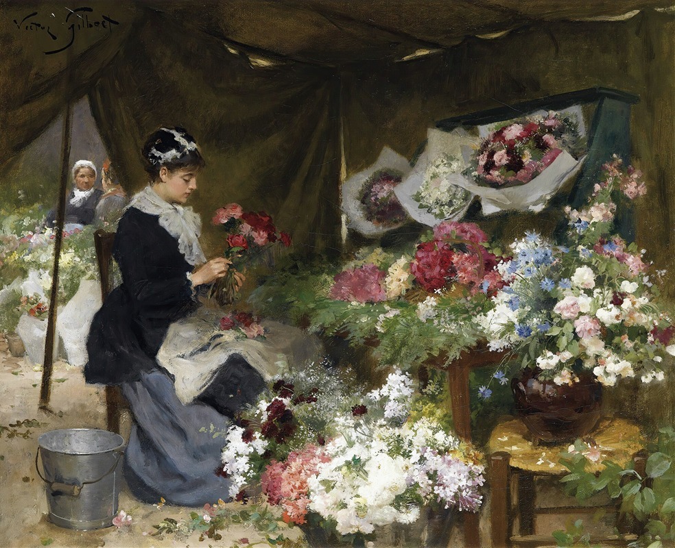 A woman is arranging colorful flowers in a market setting.