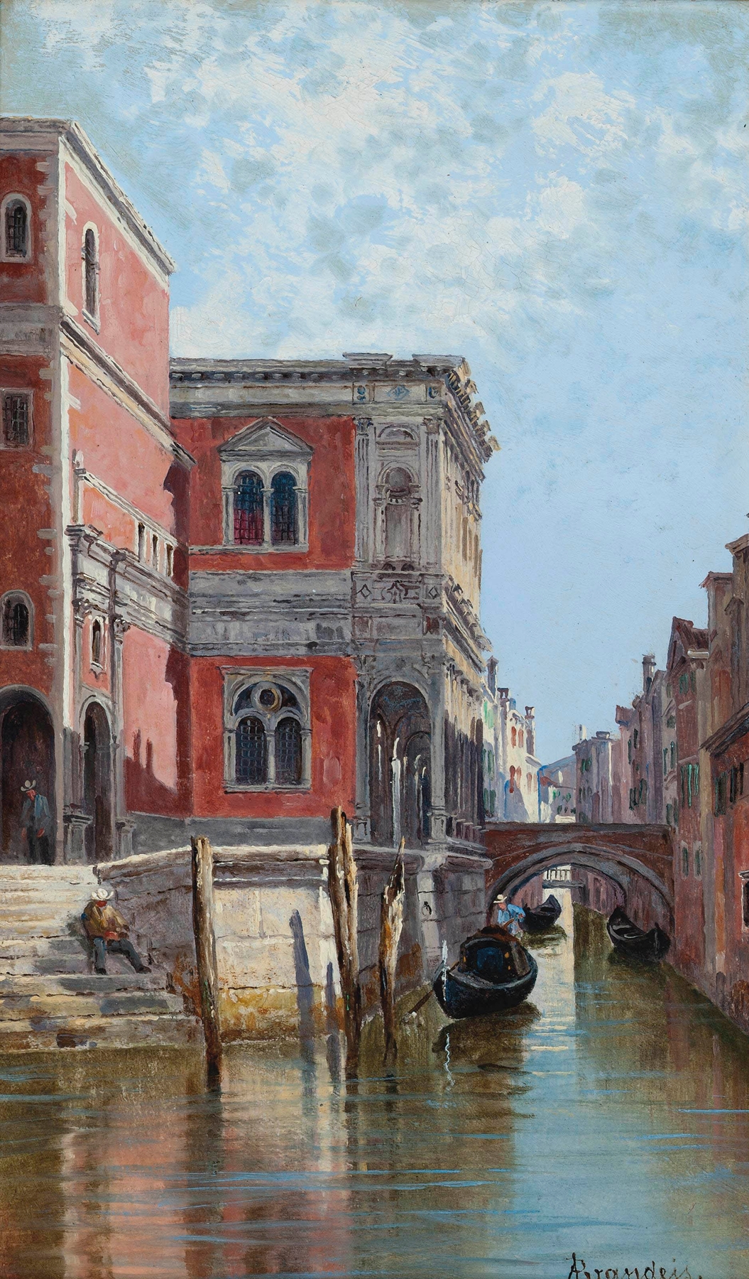 Gondoliers on a Venetian canal, oil on canvas by Antonietta Brandeis