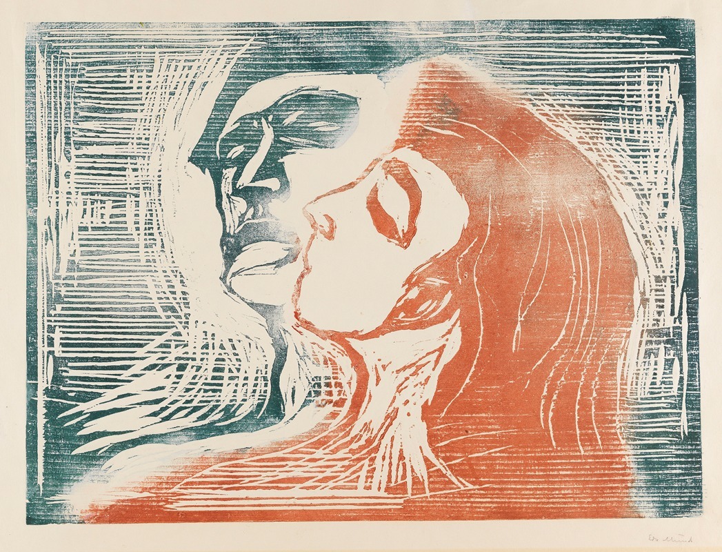 A painting of a man and woman kissing, capturing intimacy and emotion.