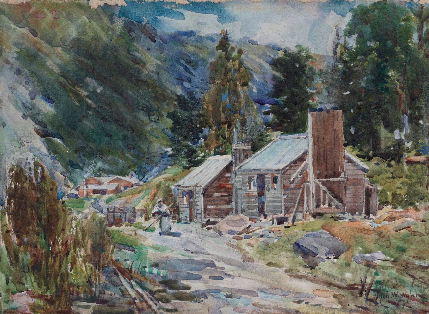 Landscape with Huts by Alfred Walsh, realism, depicting rustic huts in a tranquil landscape.