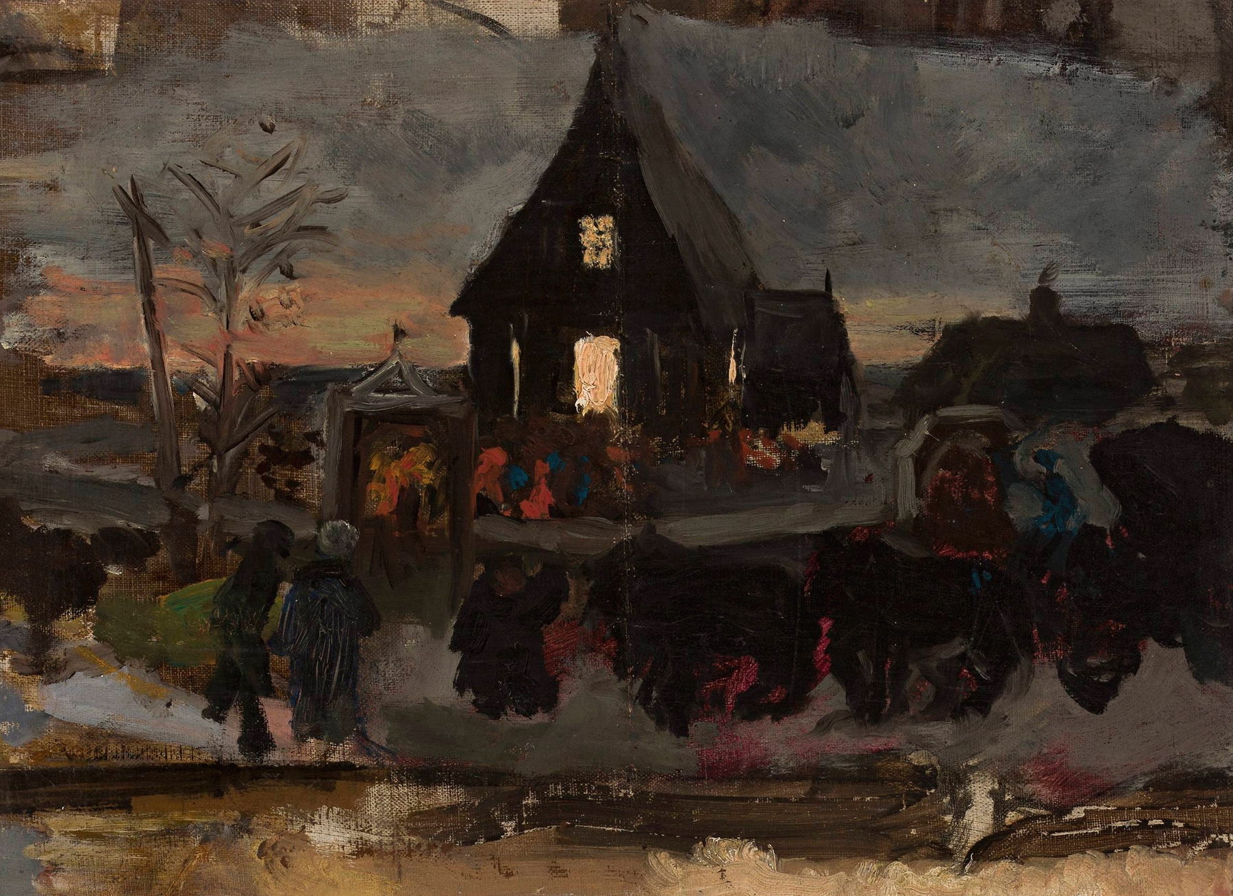 Sketch of dawn mass with figures and shadows, ink on paper by Wojciech Piechowski