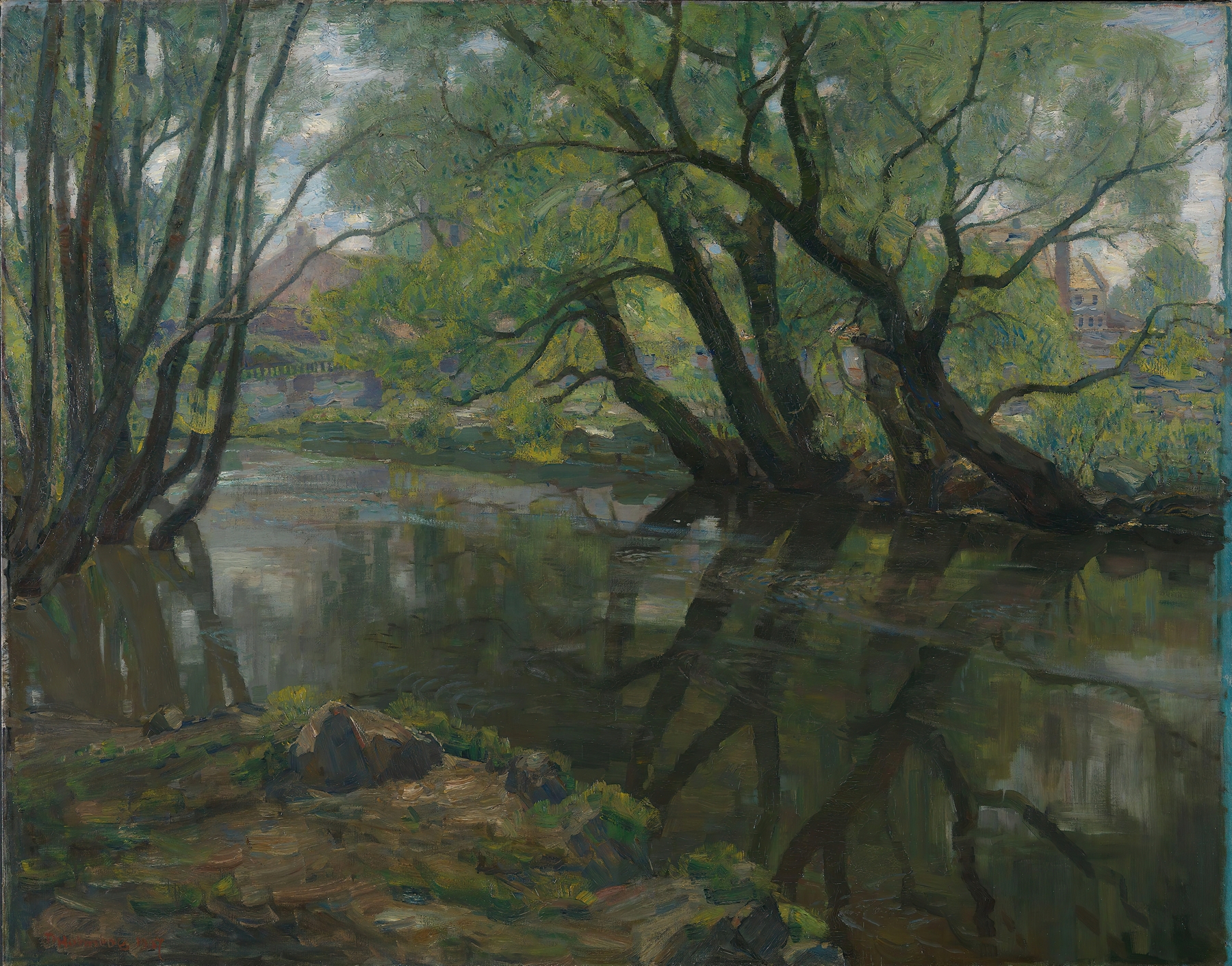 Weeping Willows by Thorolf Holmboe, oil painting depicting lush green trees and shadows.