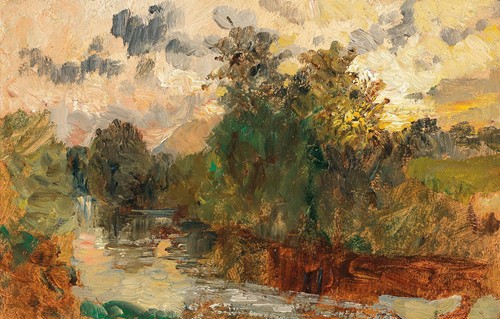 A serene riverside scene with trees and a small boat under a bright sky.