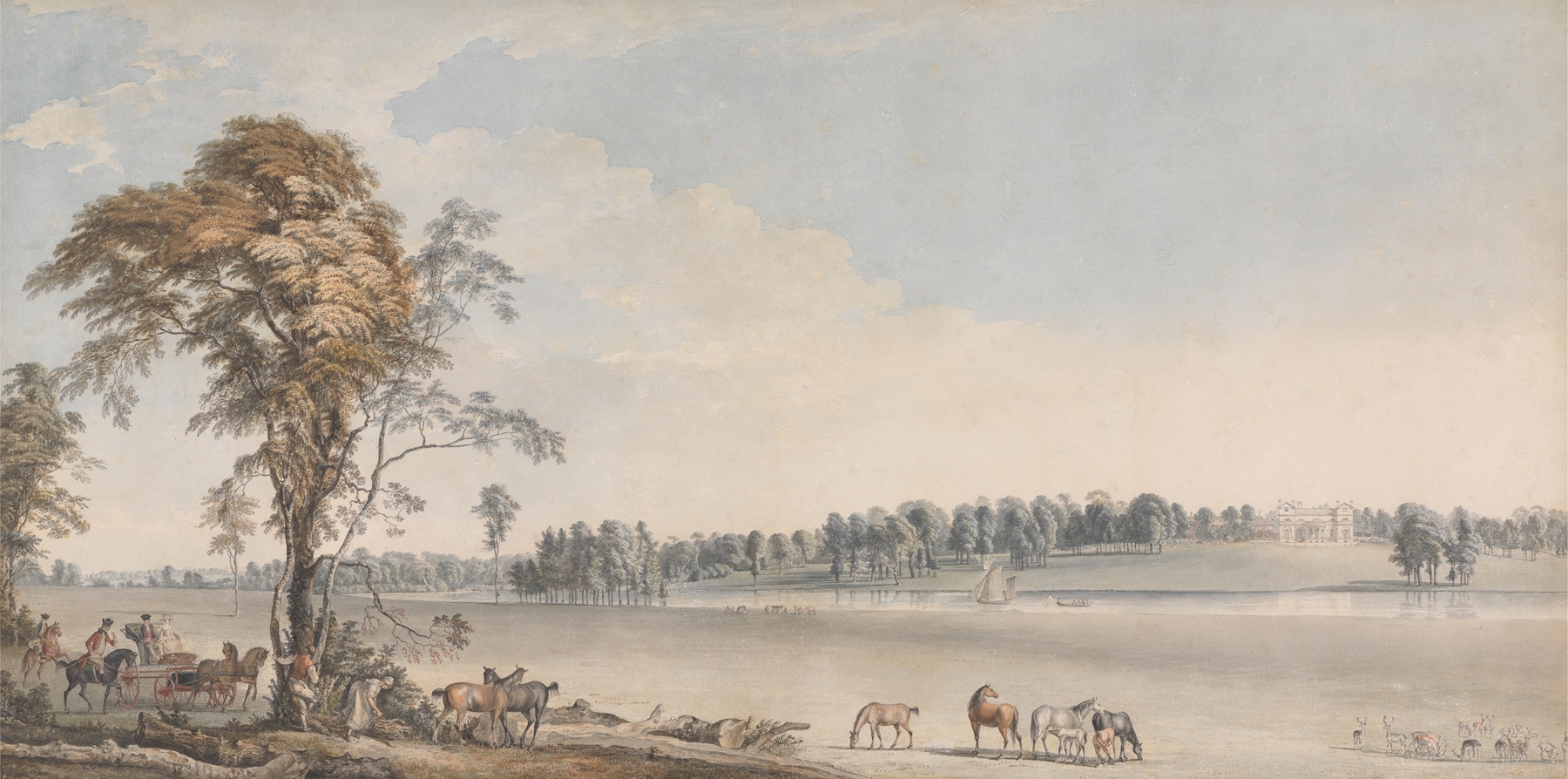 North West View of Wakefield Lodge in Whittlebury Forest, Northamptonshire, by Paul Sandby, public domain