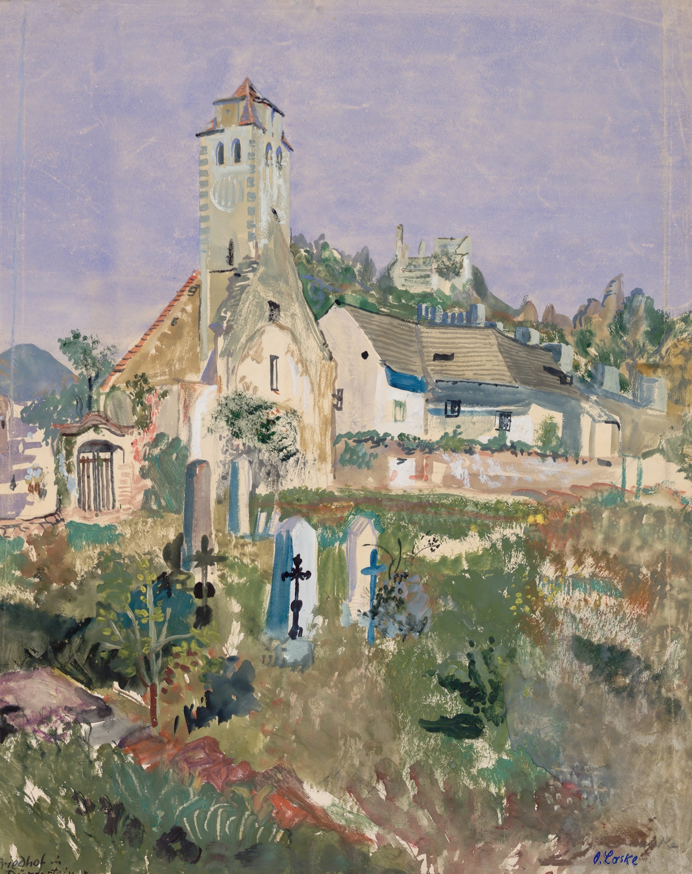 Friedhof in Dürnstein, by Oskar Laske, public domain