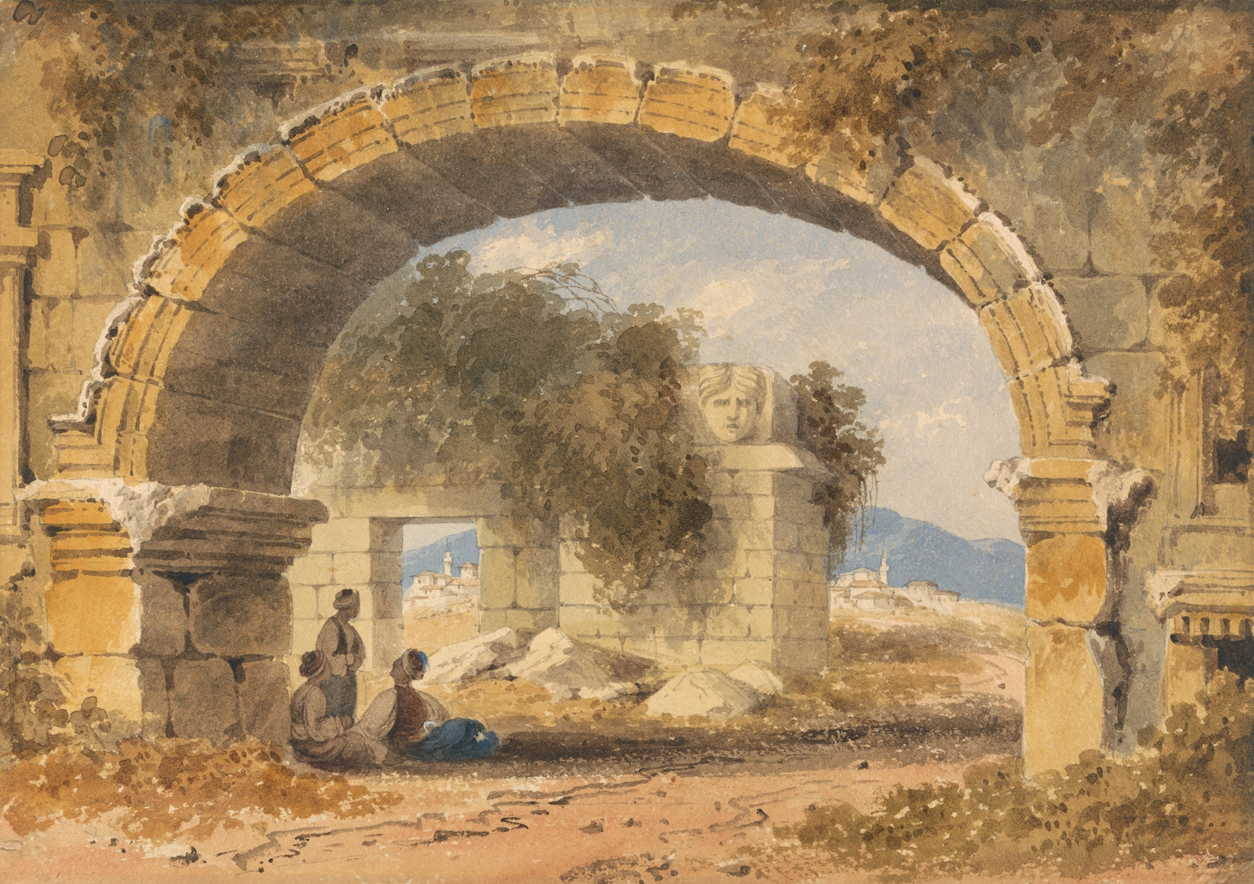 Figures seated under a stone arch in an oil painting by William Page