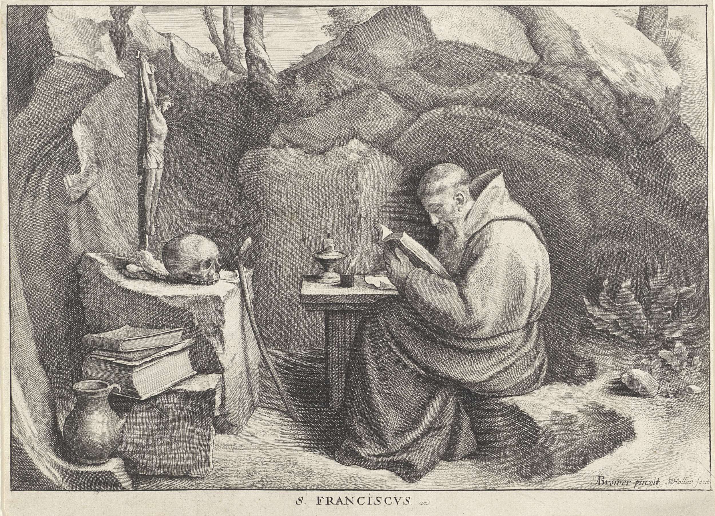 St. Francis seated in a grotto, etching by Wenceslaus Hollar