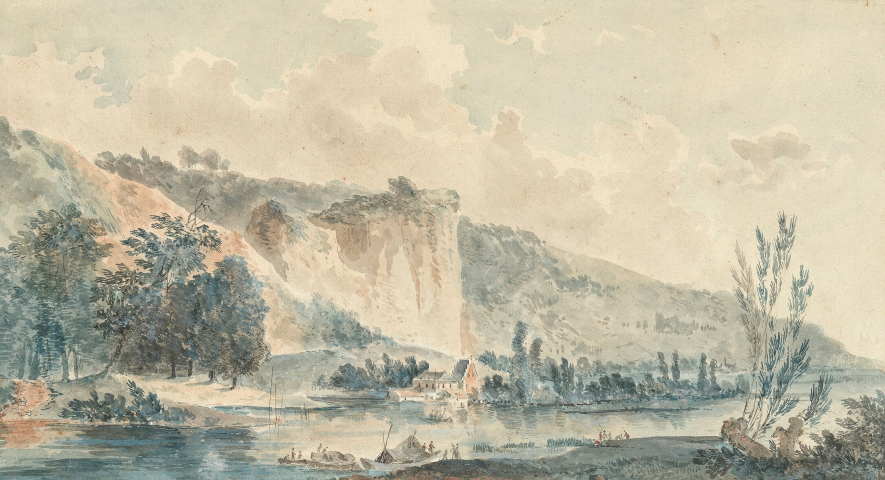 A river landscape with cliffs, oil painting by Louis Gabriel Moreau