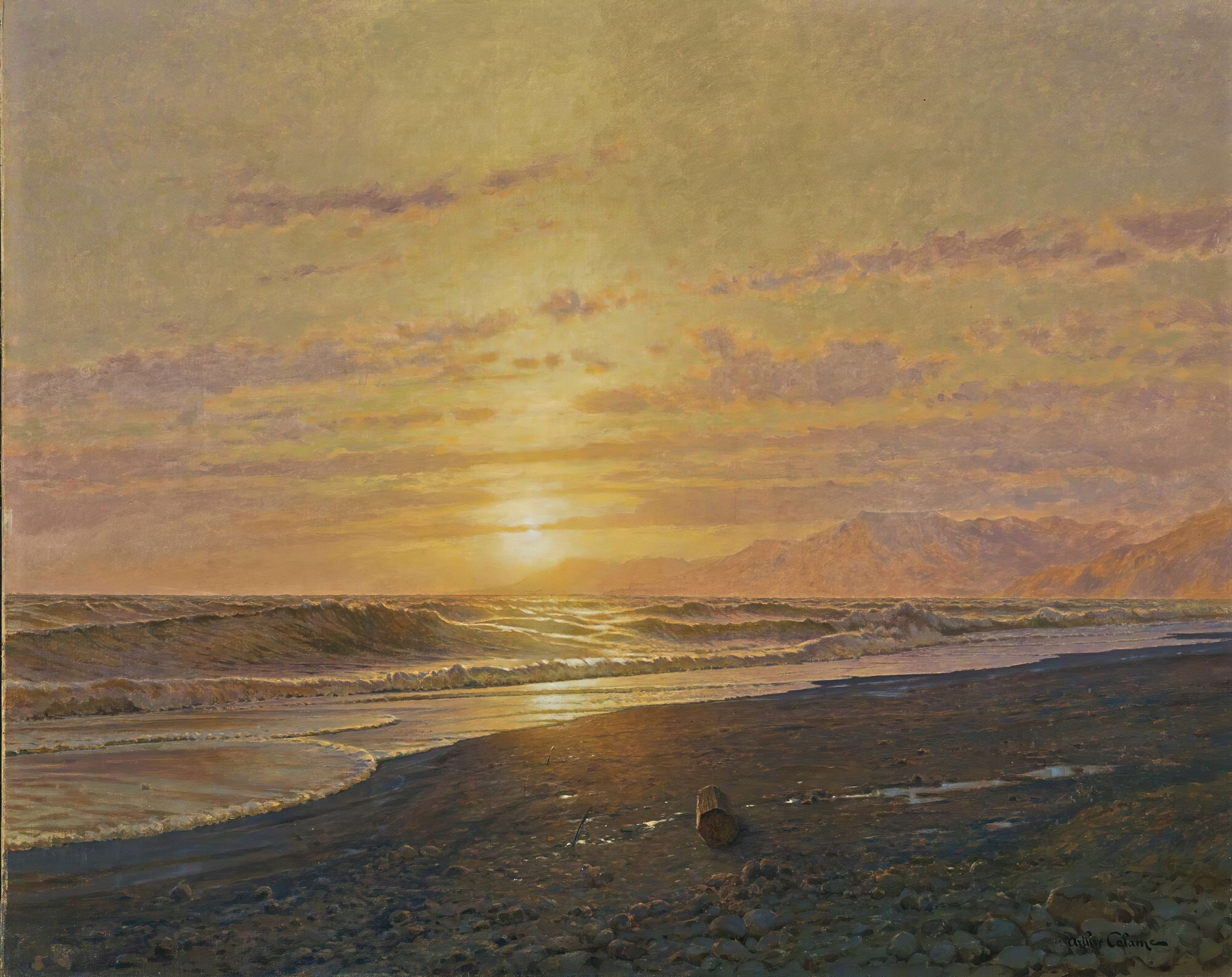 Soleil Couchant Sur La Mer by Arthur Calame, oil on canvas depicting a sunset over calm waters